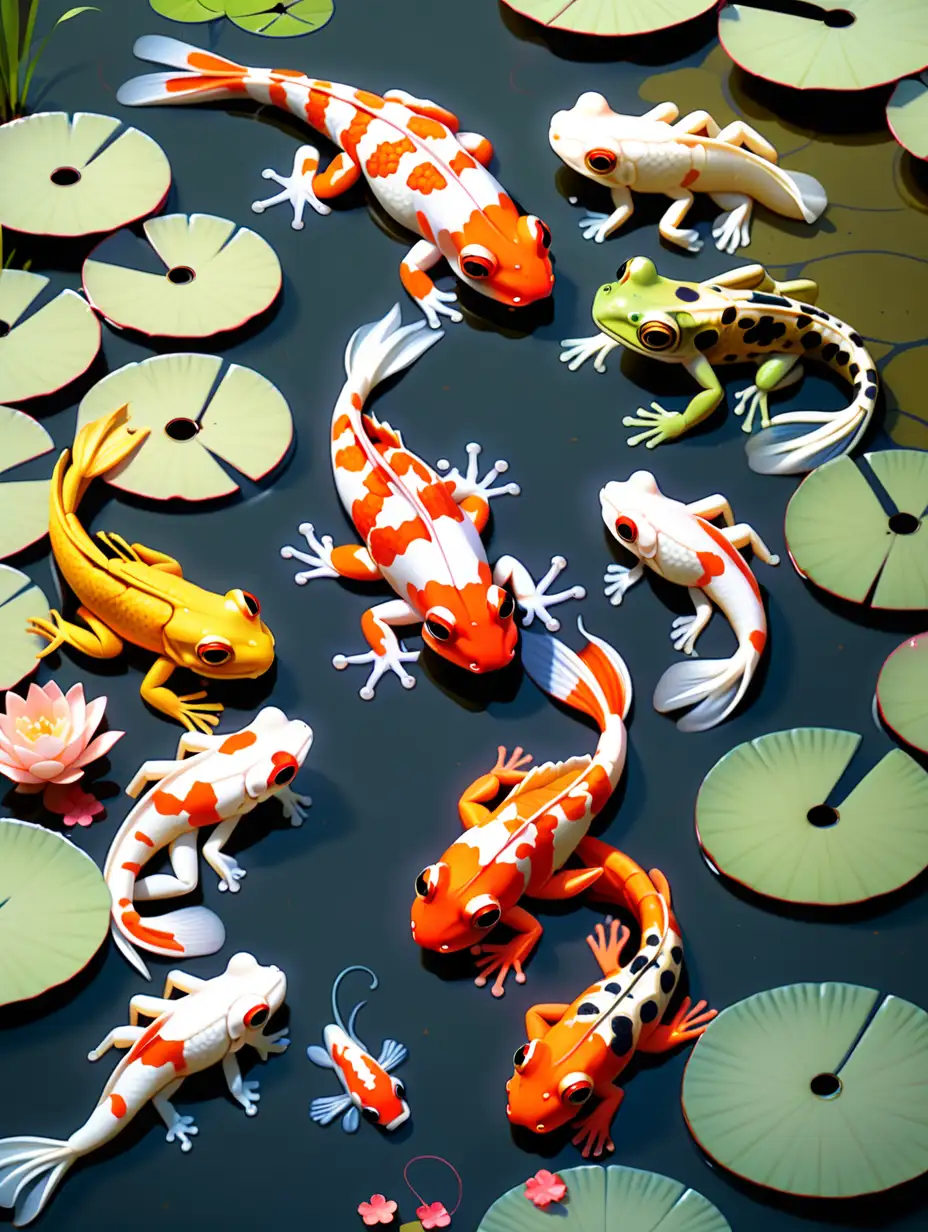  frog, koi,  shrimp  in a pond