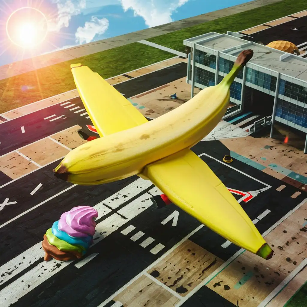 airport from sky with banana as plane and ice cream on the runaway
