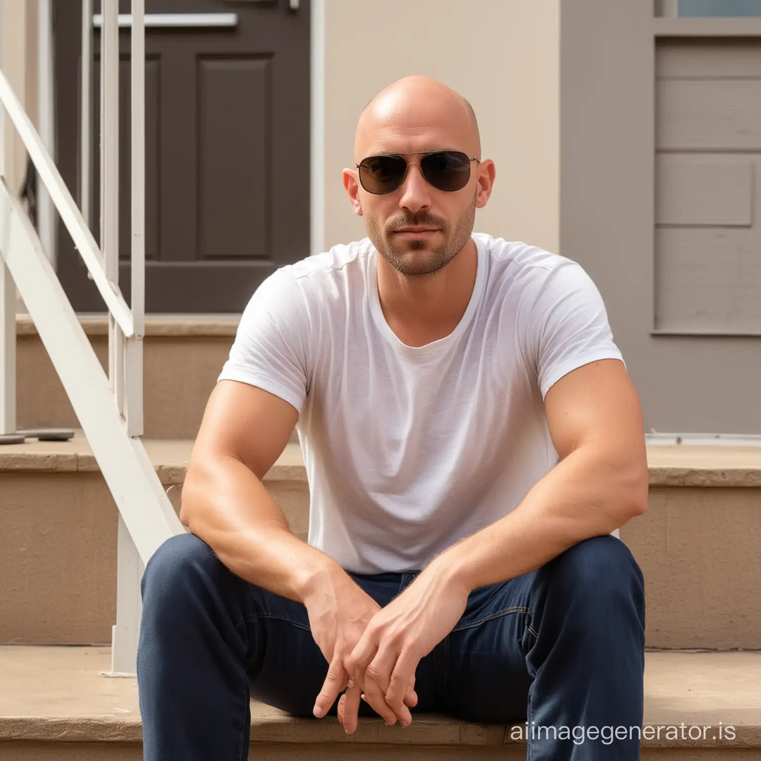 Bald man with stubble and sunglass sitting on steps outside the house