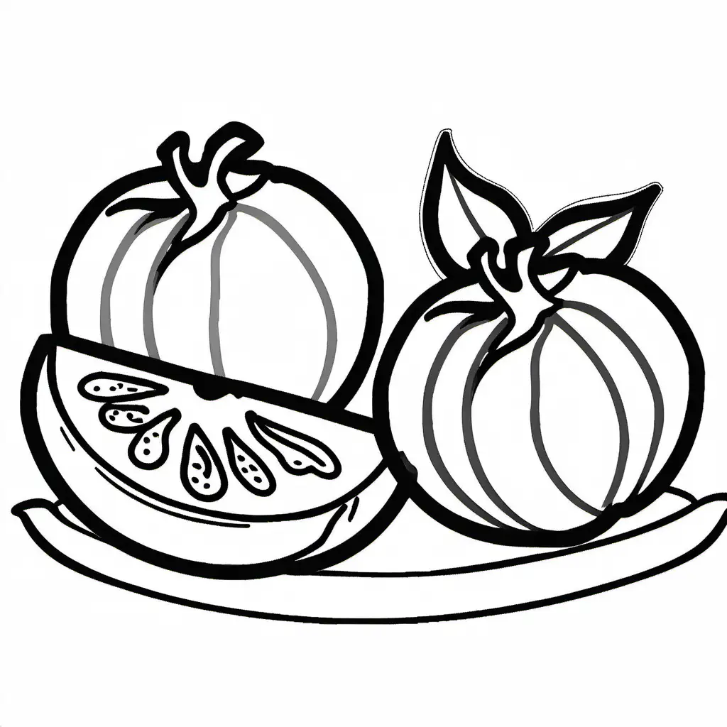 Tomato fruit, style coloring page white background, Coloring Page, black and white, line art, white background, Simplicity, Ample White Space. The background of the coloring page is plain white to make it easy for young children to color within the lines. The outlines of all the subjects are easy to distinguish, making it simple for kids to color without too much difficulty