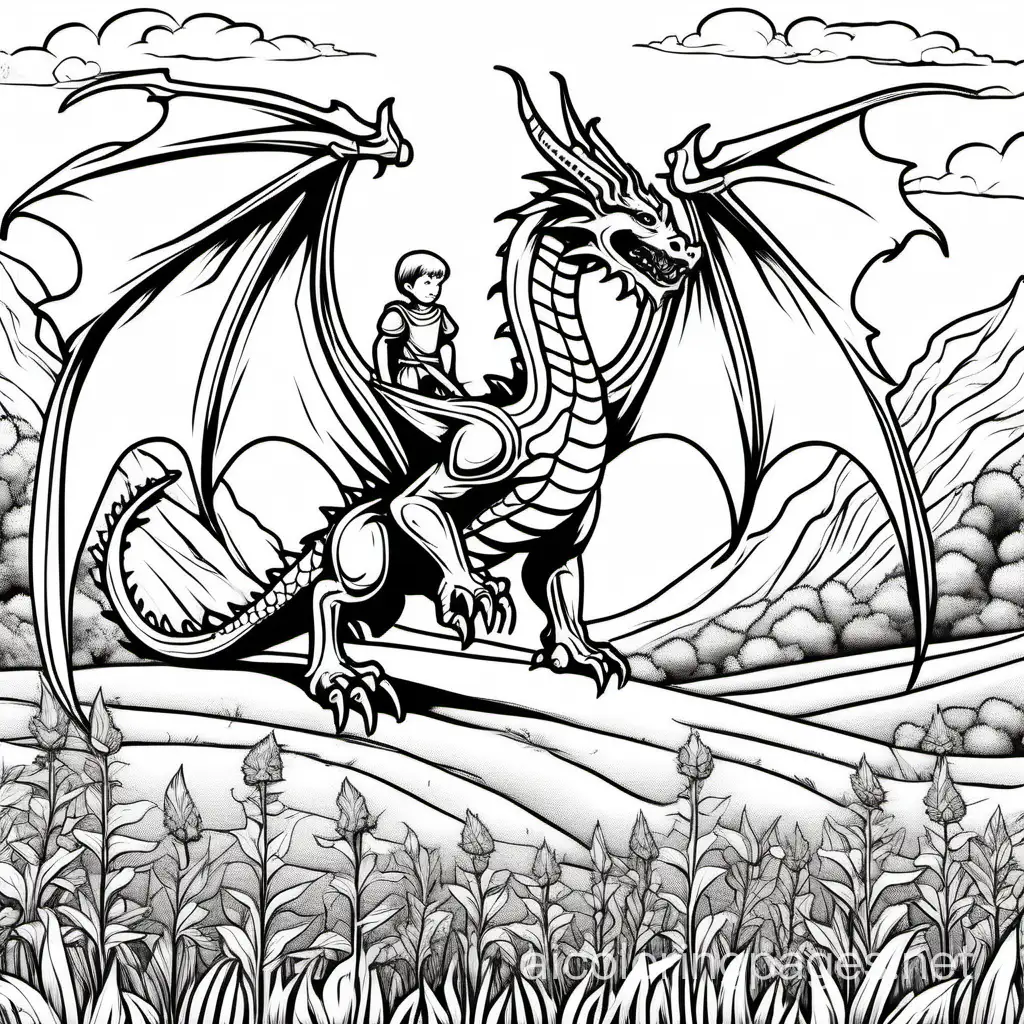 Dragon with wings in a field towering over a young medieval prince, Coloring Page, black and white, line art, white background, Simplicity, Ample White Space. The background of the coloring page is plain white to make it easy for young children to color within the lines. The outlines of all the subjects are easy to distinguish, making it simple for kids to color without too much difficulty