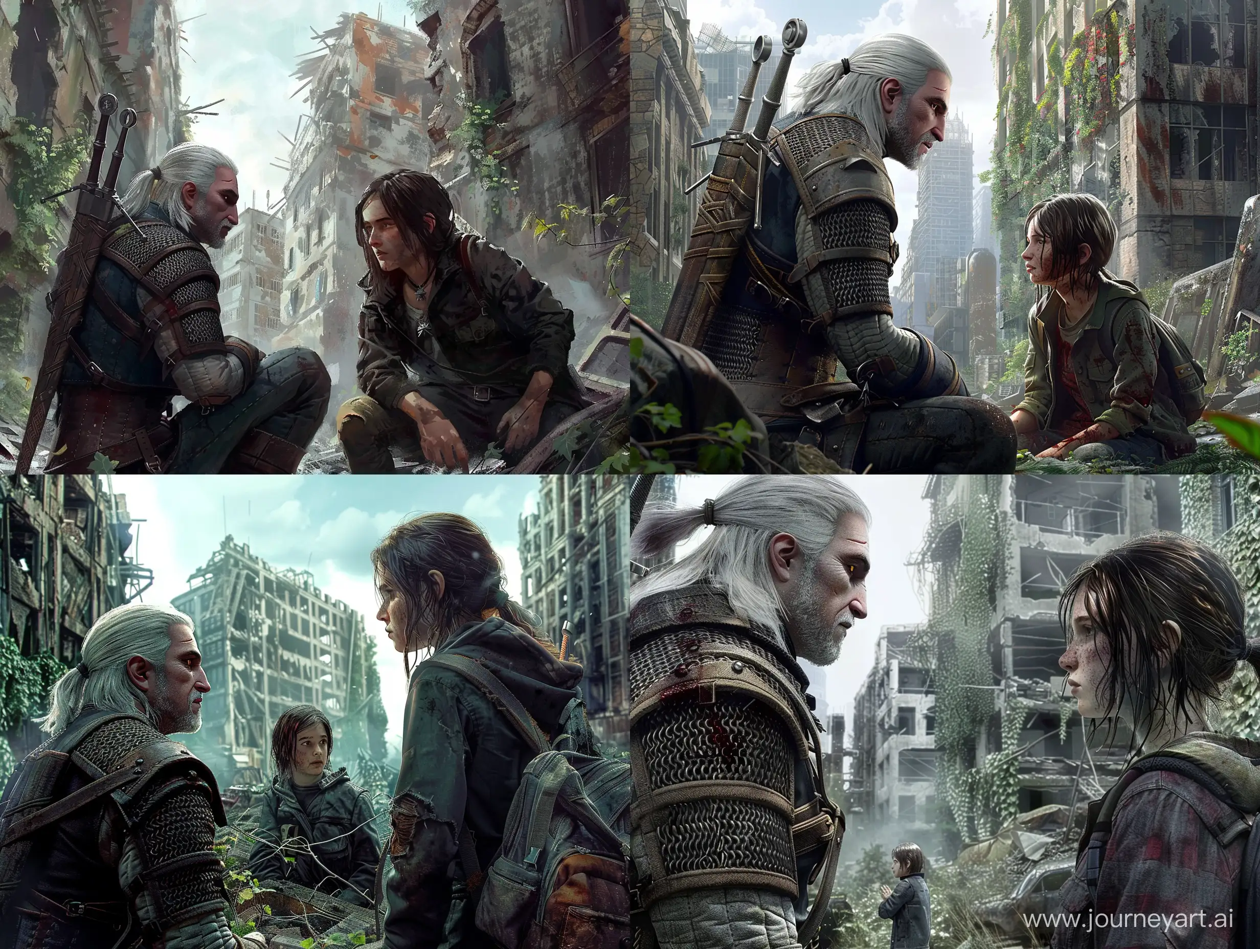 Geralt of Rivia from the game The Witcher 3, Joel and Ellie and the game The Last of us, meeting in a post-apocalyptic city, ruins, vines, cinematic