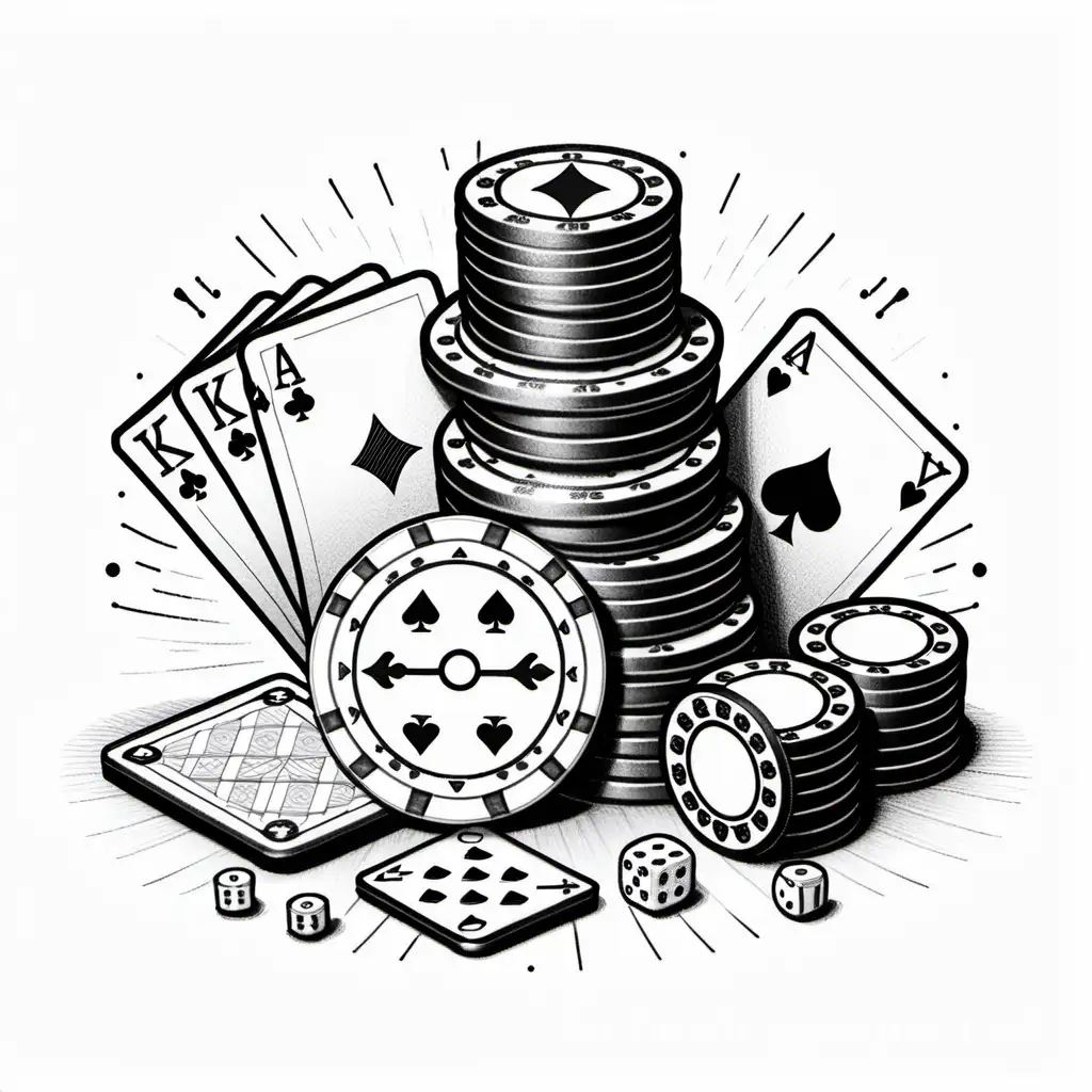 A ((black and white)) steampunk-inspired stack of poker chips and a set of playing dice and playing cards, Coloring Page, black and white, line art, white background, Simplicity, Ample White Space. The background of the coloring page is plain white to make it easy for young children to color within the lines. The outlines of all the subjects are easy to distinguish, making it simple for kids to color without too much difficulty