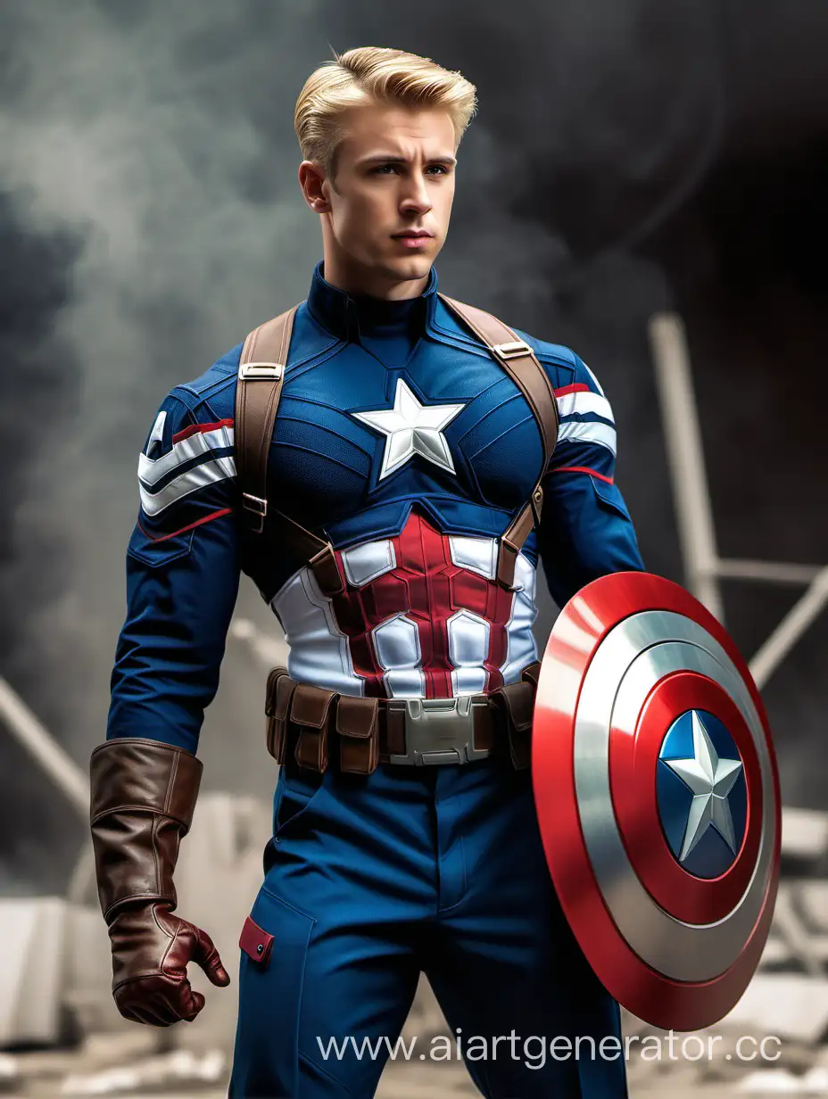 Handsome White Man Age 27 Years Old with Blonde Short Hair and Is Muscular Wearing the Classic Captain America Suit