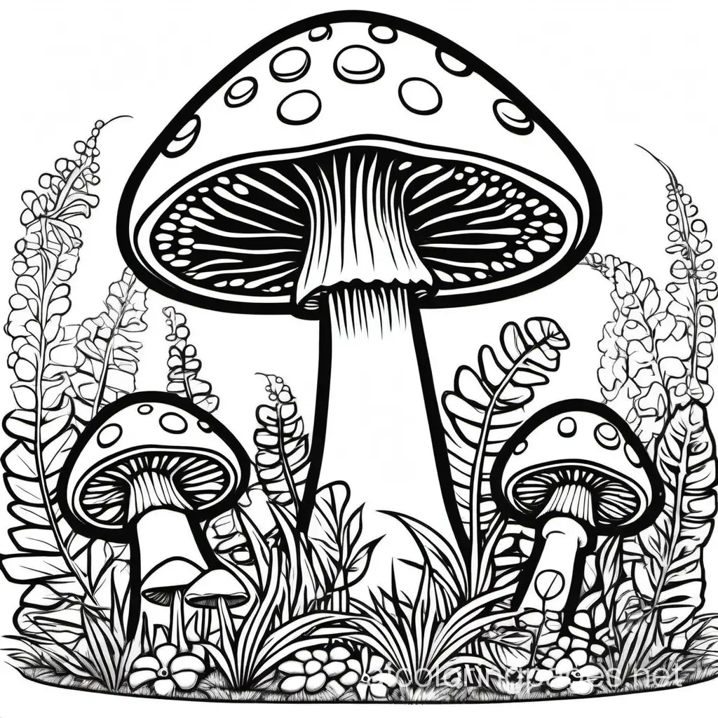 Illustrate a big hippie style mushroom in majestic fairy garden coloring page, Coloring Page, black and white, line art, white background, Simplicity, Ample White Space. The background of the coloring page is plain white to make it easy for young children to color within the lines. The outlines of all the subjects are easy to distinguish, making it simple for kids to color without too much difficulty