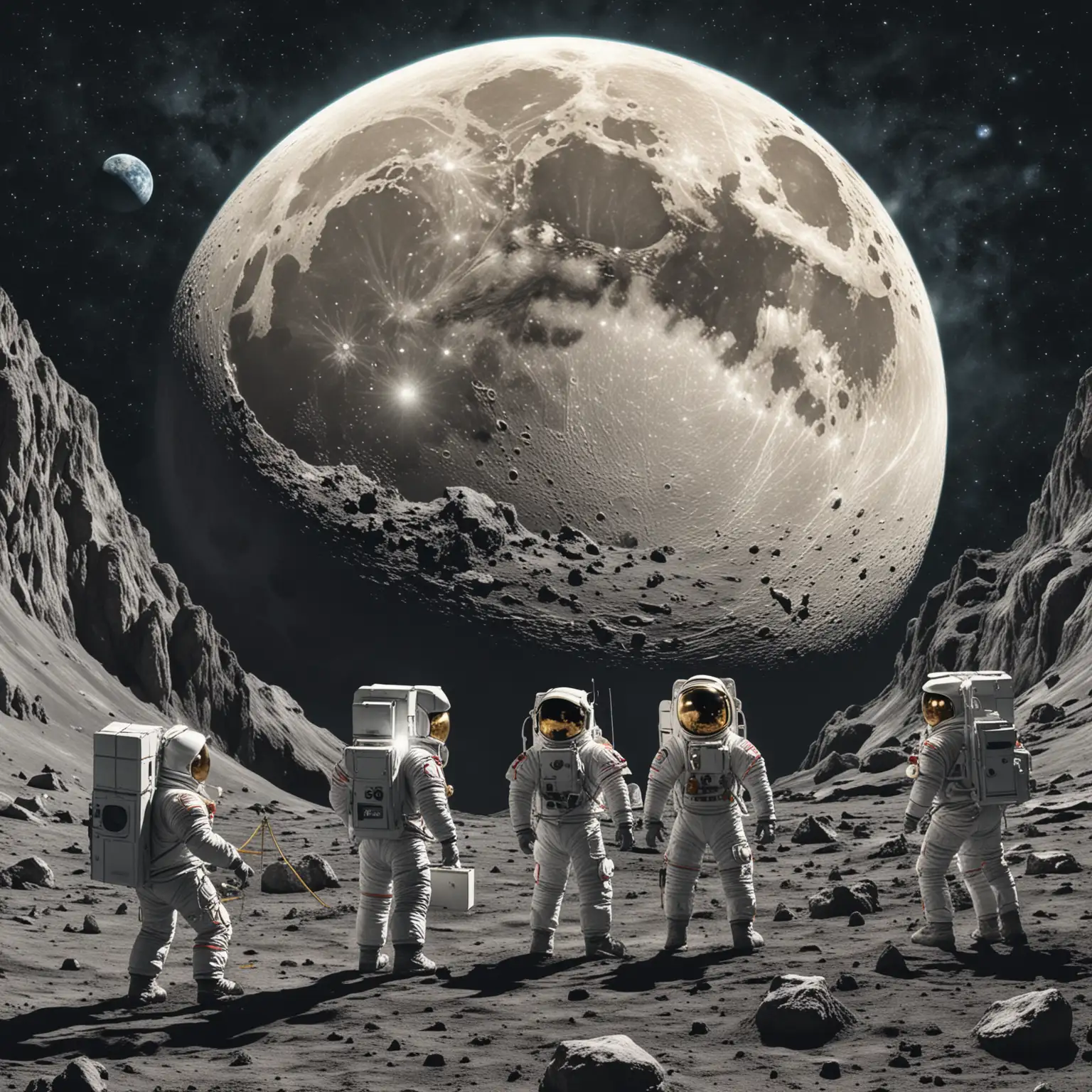 create an image that depicts a class being taught on the moon in outerspace