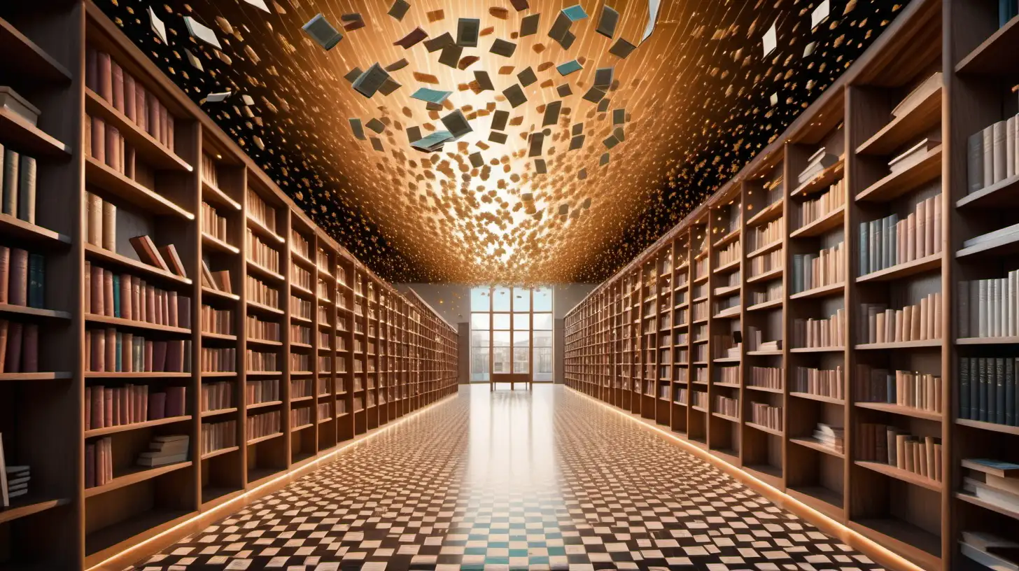  image of all the words from all the books in a vast library whirling around like a swarm of bees and trying to fly through a letterbox following strangely alien yet somehow familiar patterns
