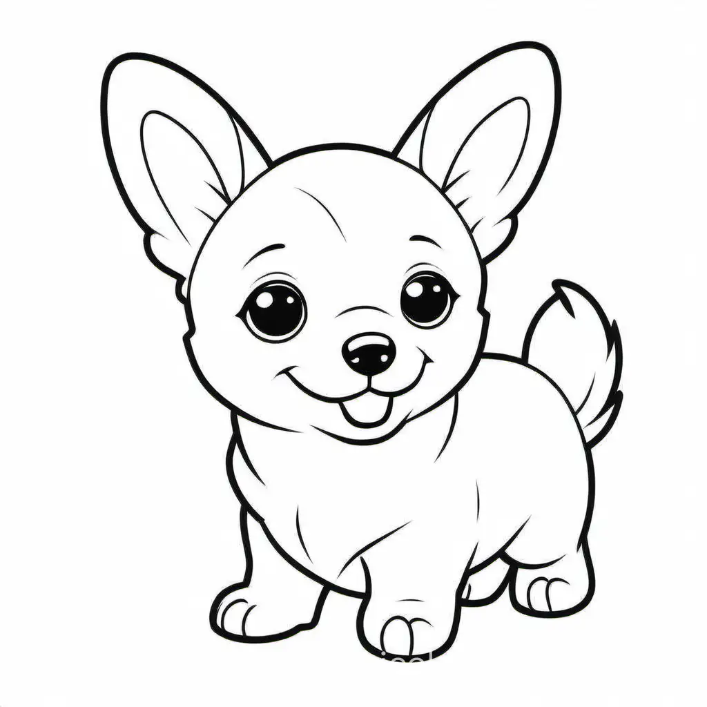 Baby corgi
For kid, Coloring Page, black and white, line art, white background, Simplicity, Ample White Space. The background of the coloring page is plain white to make it easy for young children to color within the lines. The outlines of all the subjects are easy to distinguish, making it simple for kids to color without too much difficulty