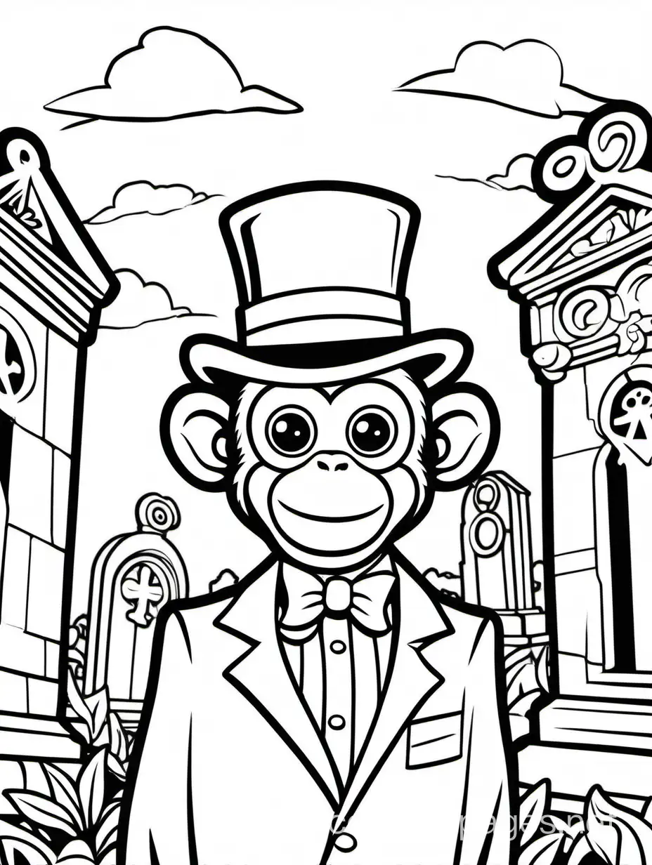 monkey wearing a monocle and a top hat in a cemetery, Coloring Page, black and white, line art, white background, Simplicity, Ample White Space. The background of the coloring page is plain white to make it easy for young children to color within the lines. The outlines of all the subjects are easy to distinguish, making it simple for kids to color without too much difficulty