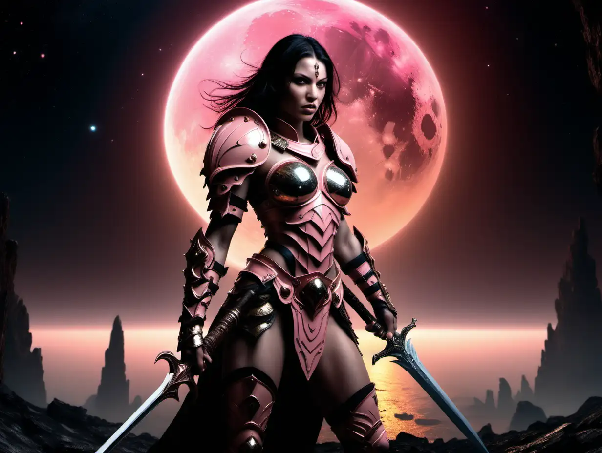 a beautiful warrior woman stands alone, she is wearing armour, carries a sword,  posed ready for fight, deep dark worlds, underworld, god of the underworld, planet pluto, mars god of war, pink, peach, sunset, planets bursting out of her head