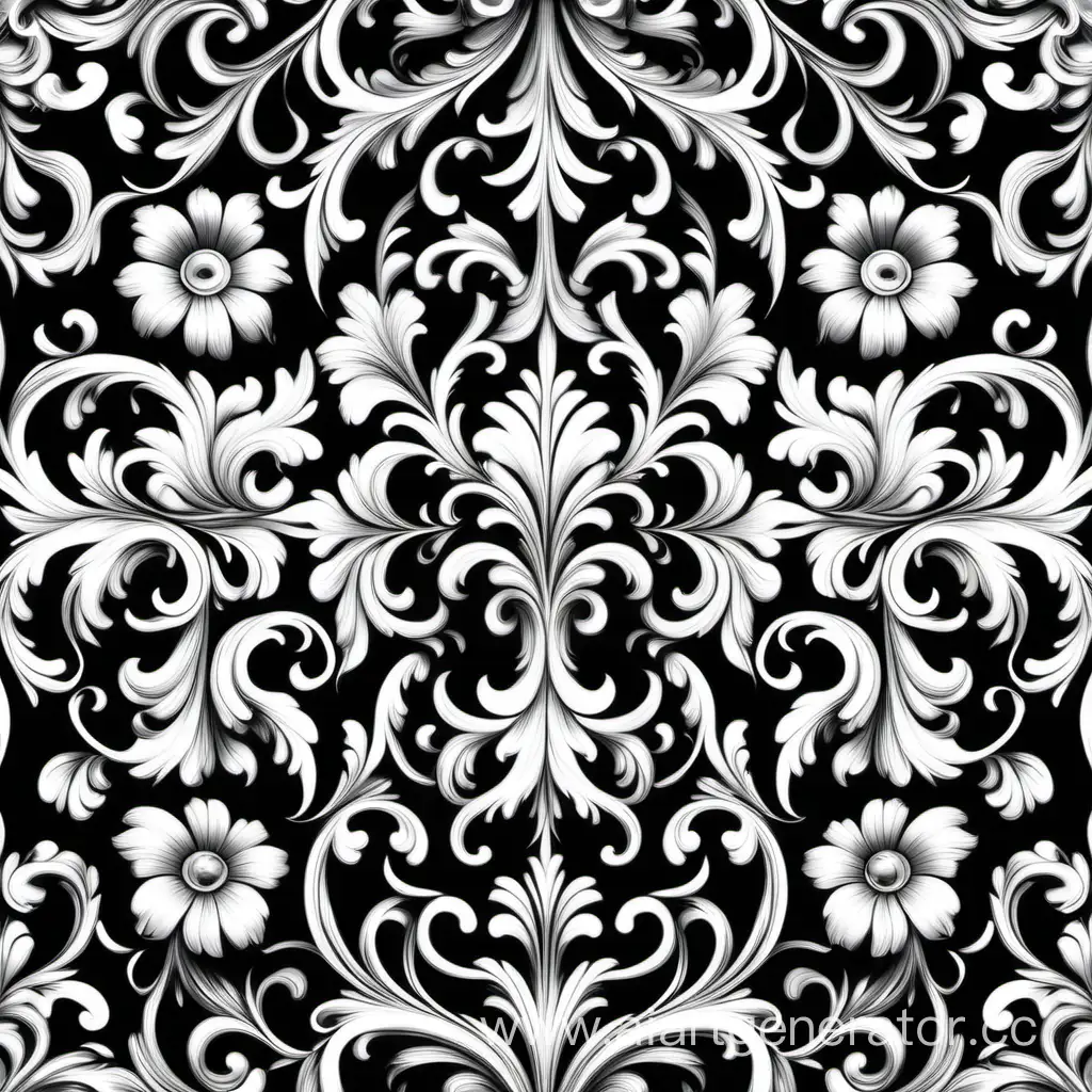 a pattern of floral, Baroque  movement, repeating pattern, white and black vector illustration 