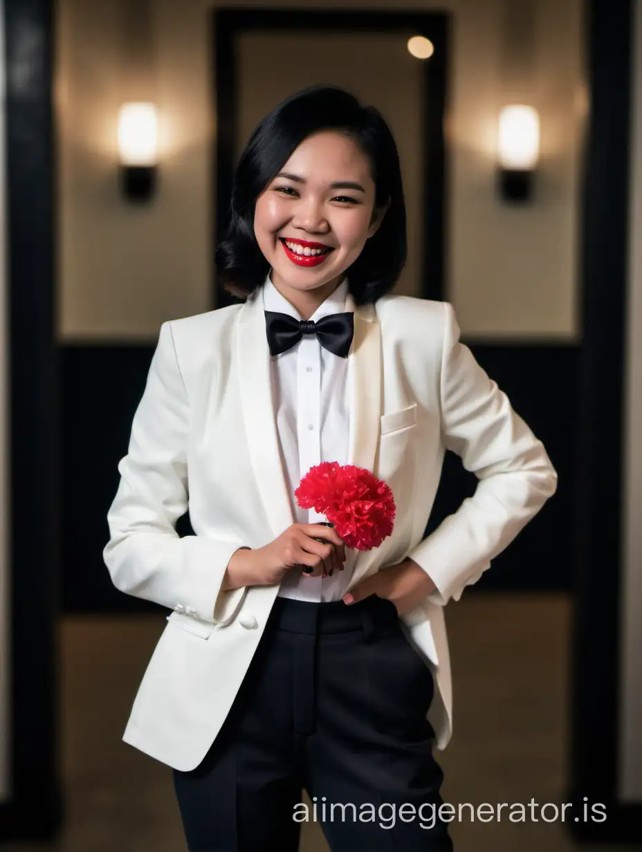 Elegant Vietnamese Woman in Ivory Tuxedo with Red Carnation Corsage ...