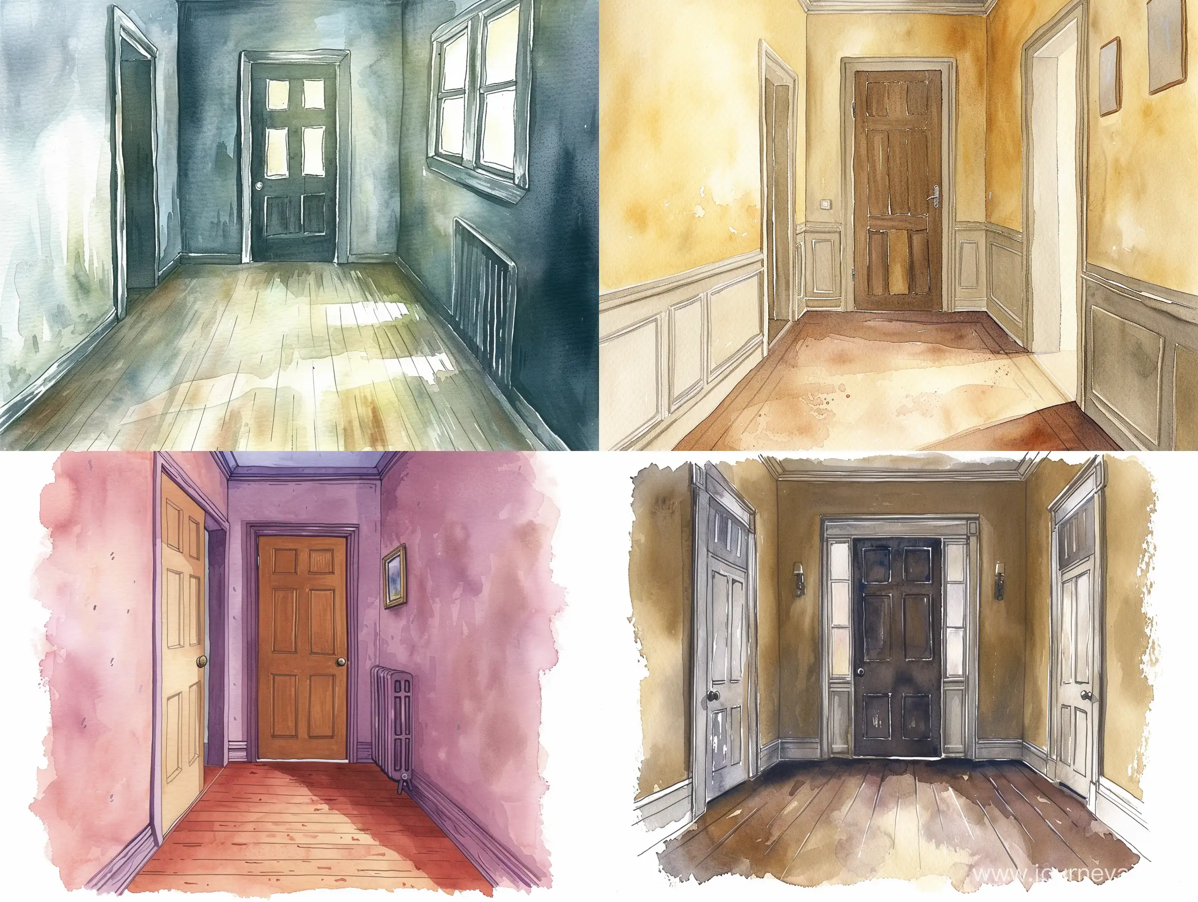 Watercolor illustration of the corridor inside the house, which rests against the closed front door