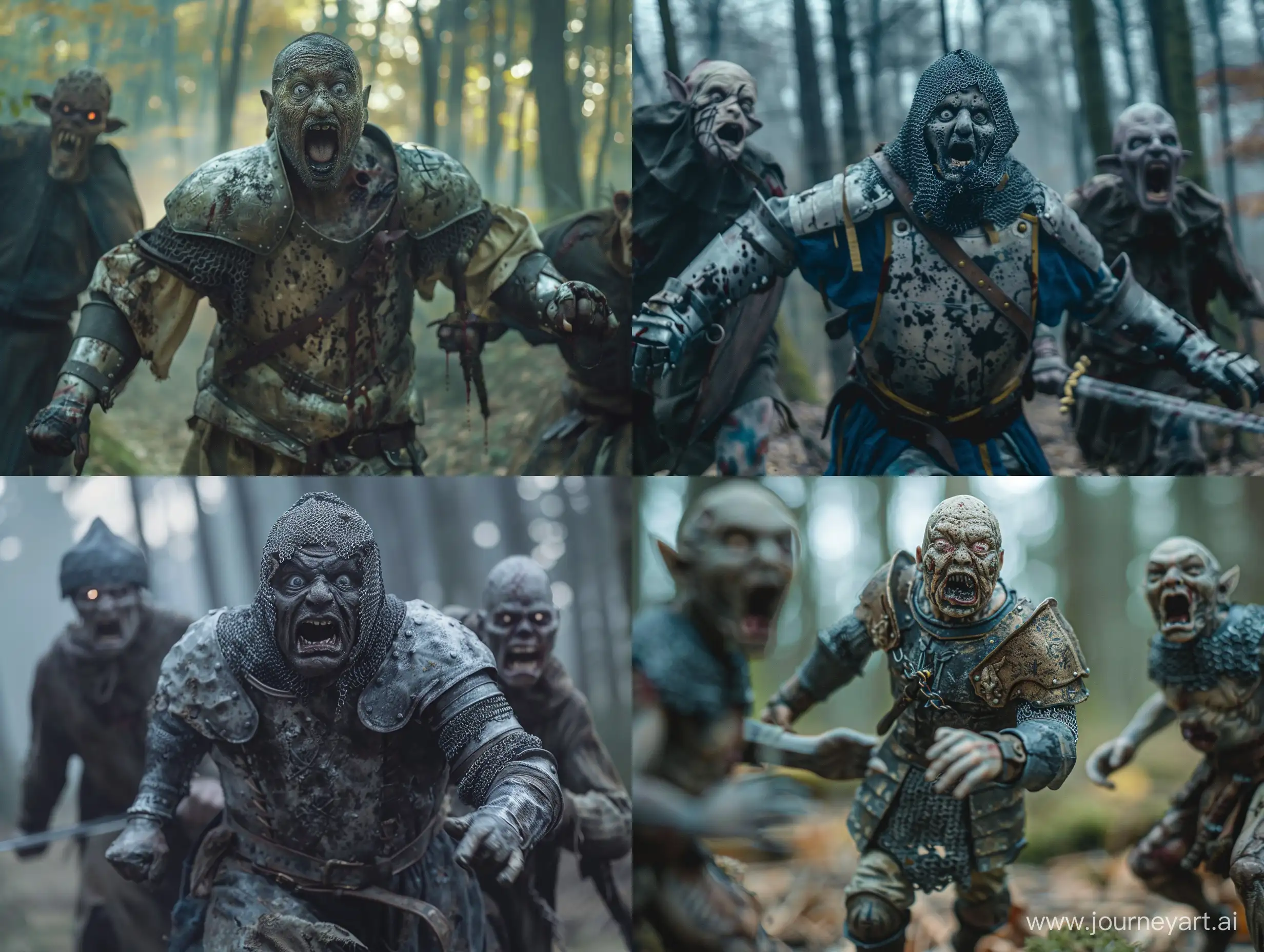 close-up, a scared ugly medieval warrior runs away from two ghouls, some catch up with him, forest, morning, dof, cinematic