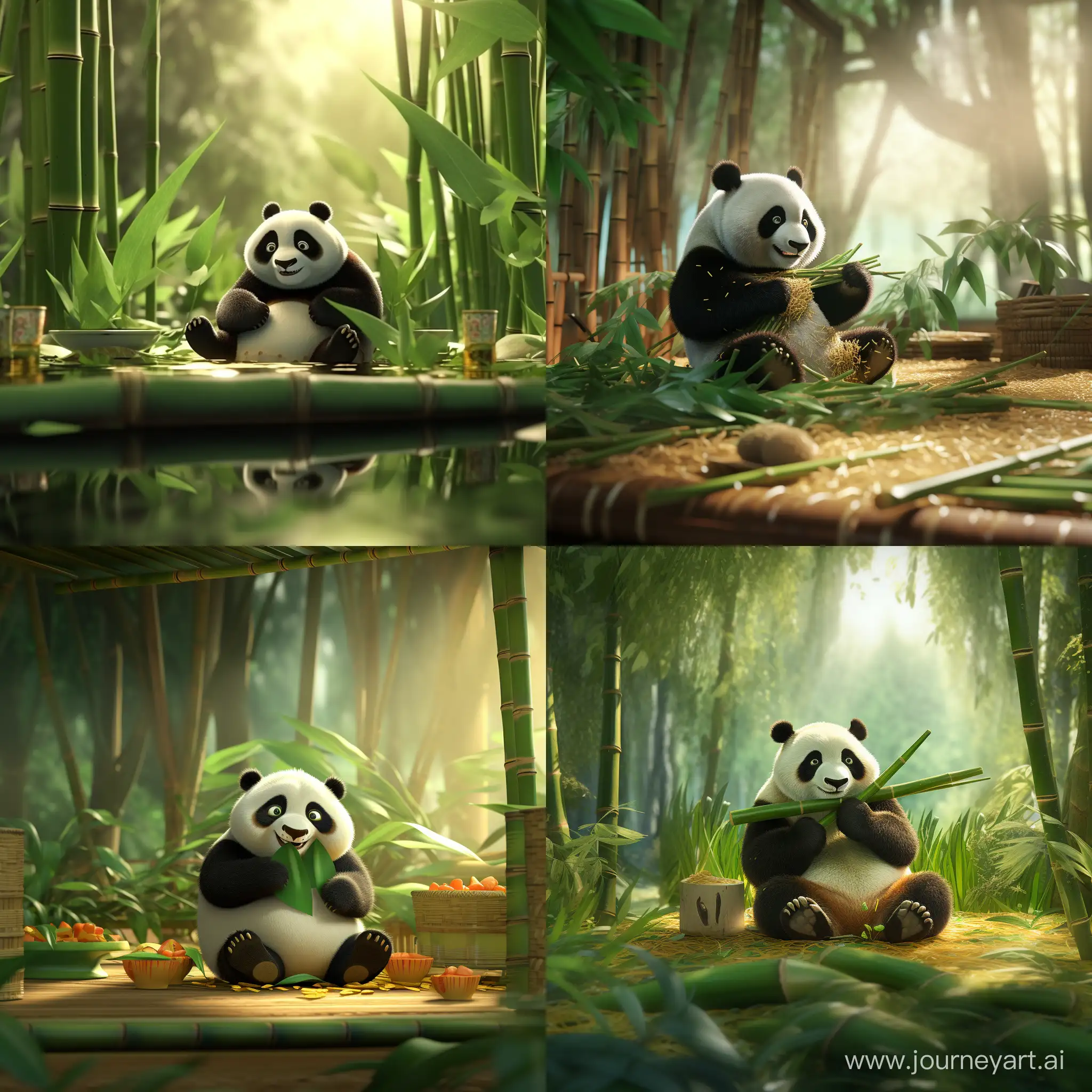 A panda eats dumplings in a bamboo forest. 3D animation 