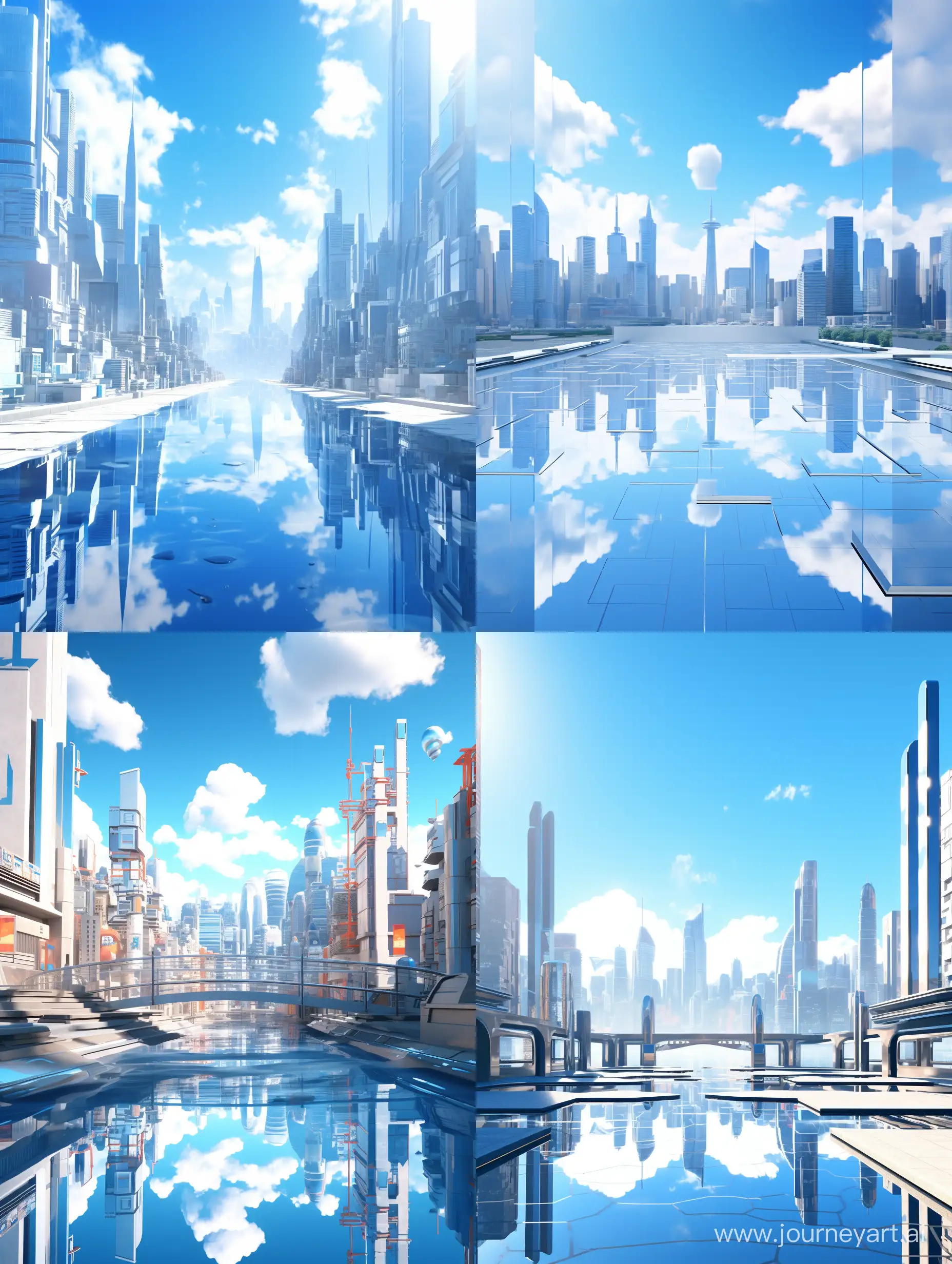 ultra futuristic city with super minimalist design exclusively in blue and white colors, bright clear blue sky, mirrors edge catalyst style, octane render, ultra cinematic light, 8k, complex