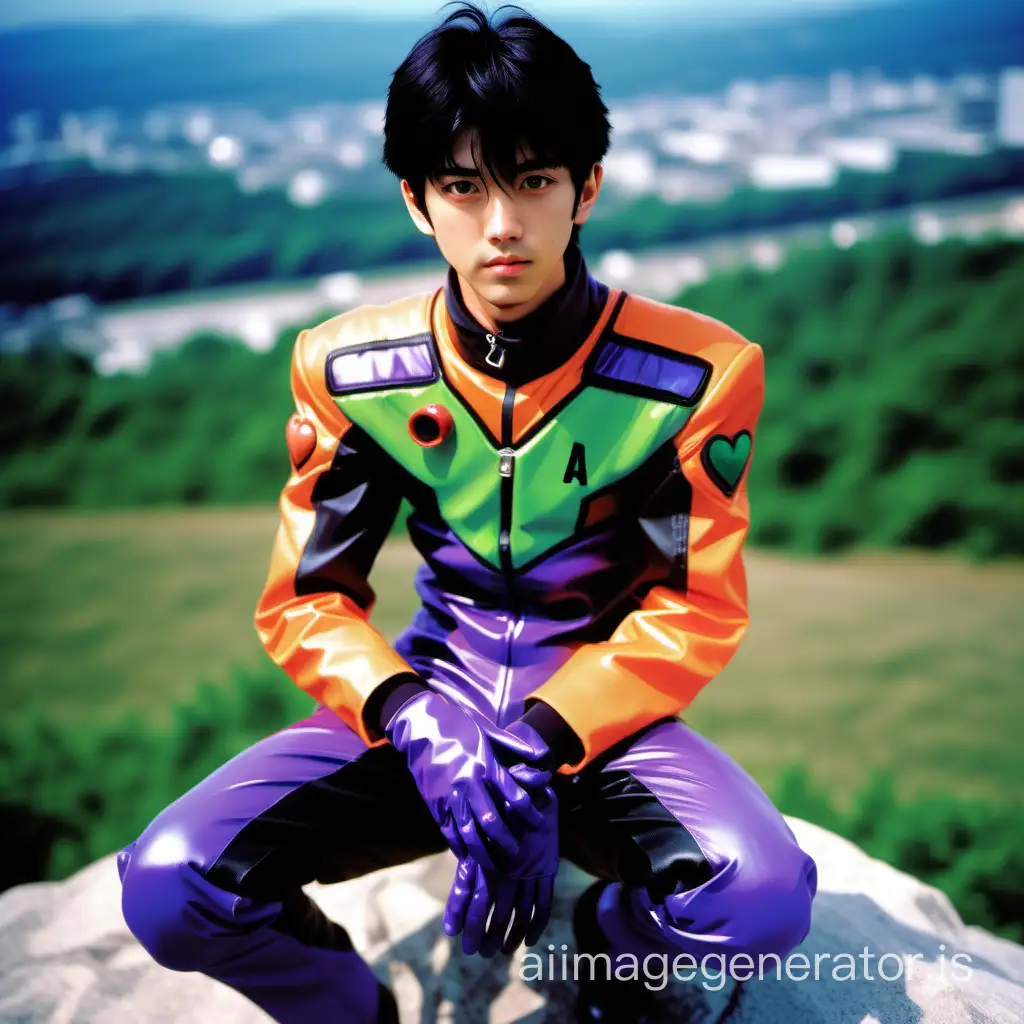Photo of a Japanese male high school student is wearing a Neon Genesis Evangelion pilot suit. on the rock hill. black hair. heart-shaped face. almond eyes.