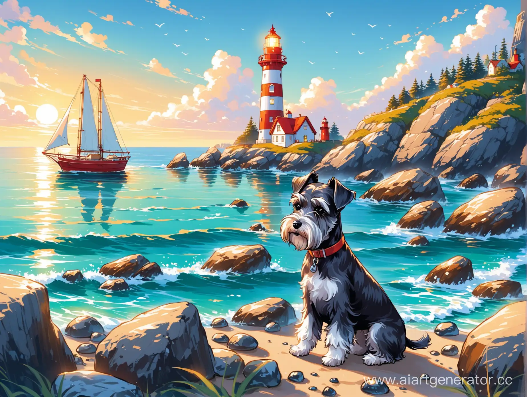 Dwarf-Schnauzer-by-the-Seaside-Lighthouse-and-Sailboats-Among-Rocks-and-Stones