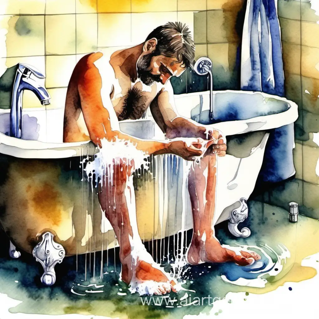 Man-Washing-Feet-Serene-Watercolor-Shower-Scene