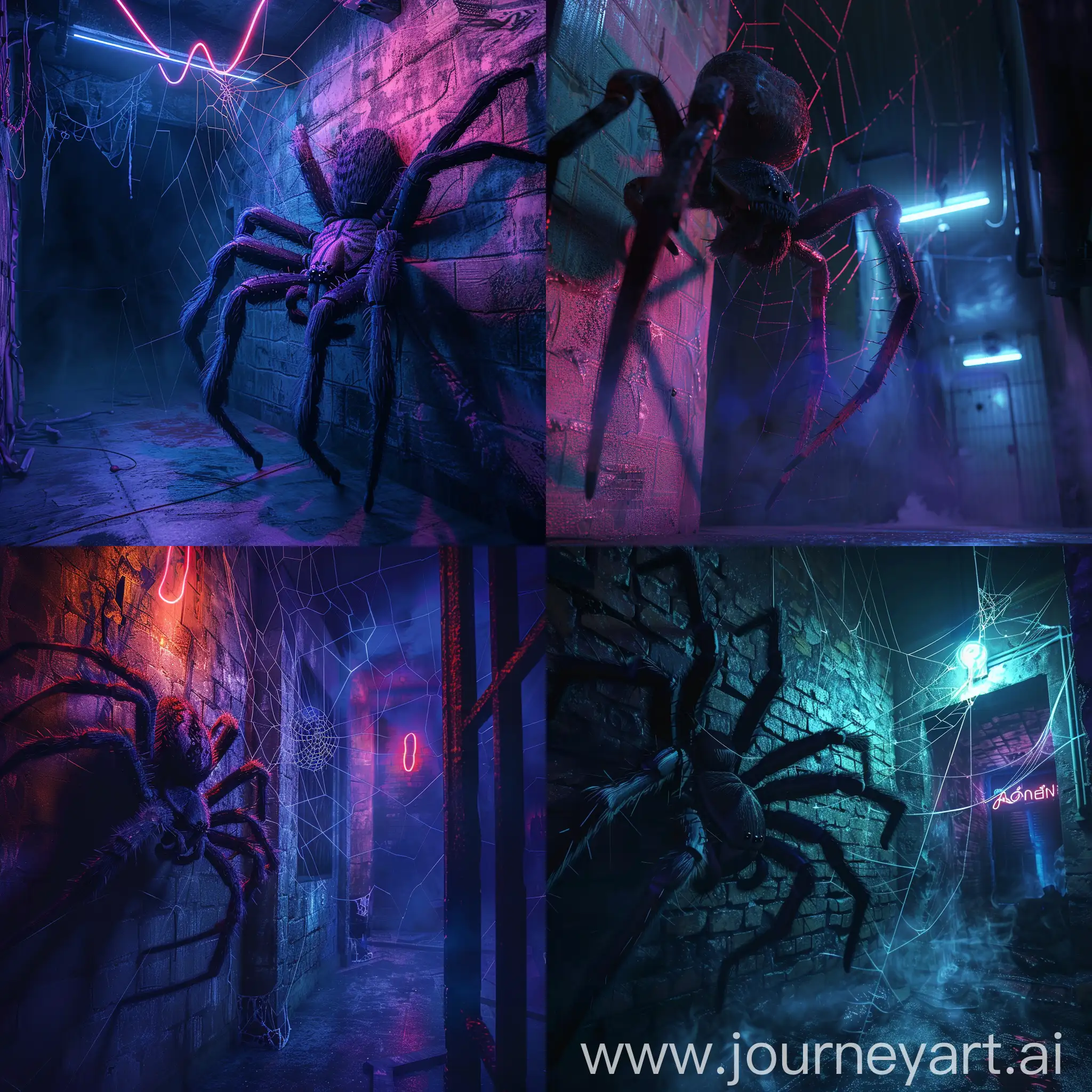 A giant spider spinning a web in the corner of a dark room, creating an atmosphere of suspense, neon lights, a lot of details, photorealistic