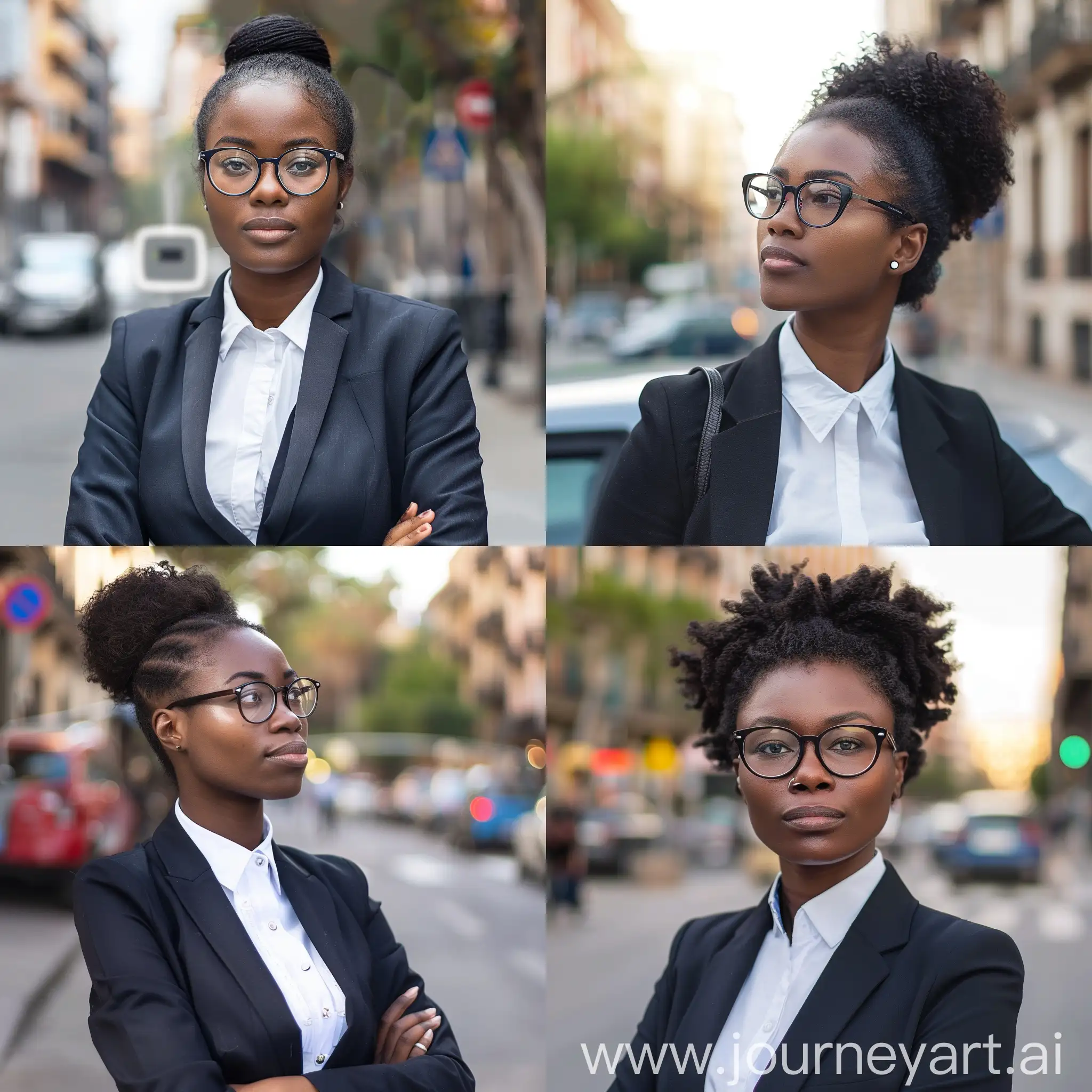 Black woman with glasses in business suit waiting for driverless car in Barcelona