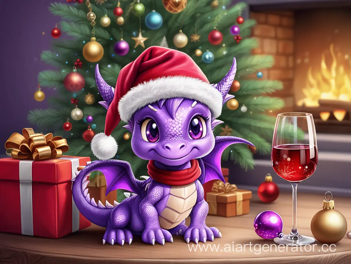 милый маленький фиолетовый дракончик в шапке санта клауса рядом с елочкой и с бокалом в лапе