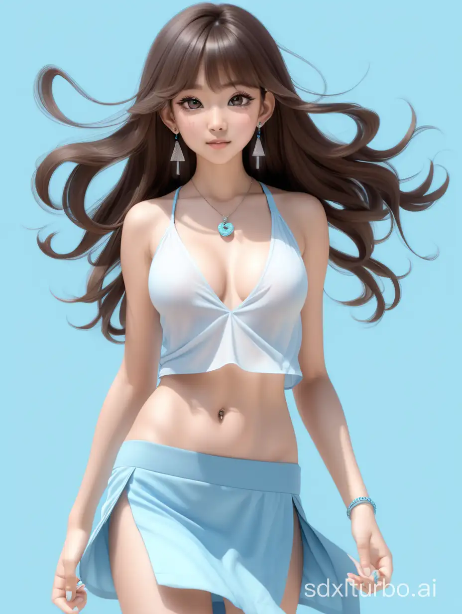 Create a 3D-style full body shot image of a Chinese young woman with big eyes and a slightly smile expression and white skin, dark brown wavy long hair, wearing earrings and necklace, loose white deep v-neck short crop top, showing her shoulder and belly, low rise light blue sexy mini micro skirt blowing up by the wind, showing her thighs, natural movement. She wears beach sandals on her feet. Light blue monochrome background, overall bright and relaxed atmosphere.