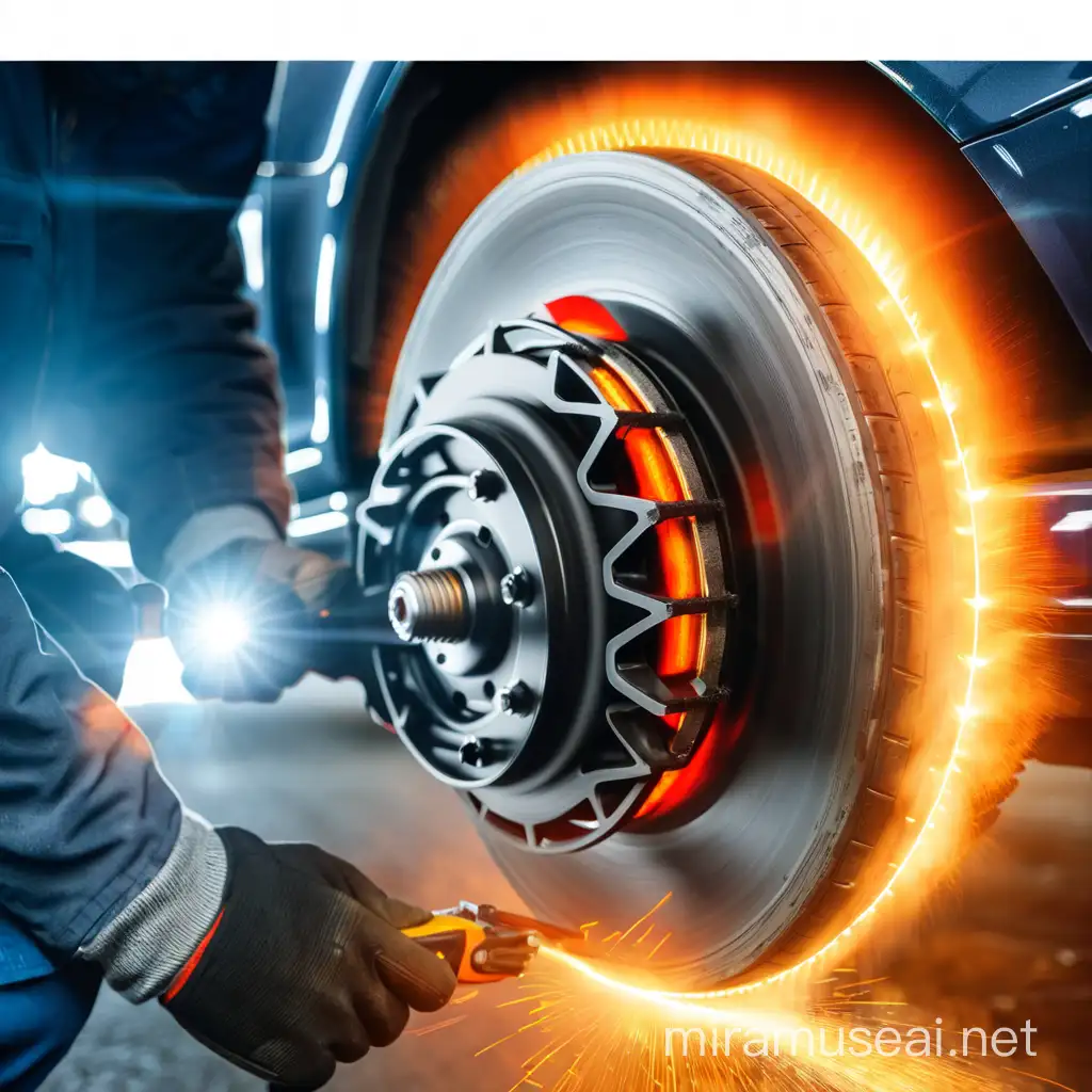 Mechanic Installing Brake Disc Professional Car Repair Service