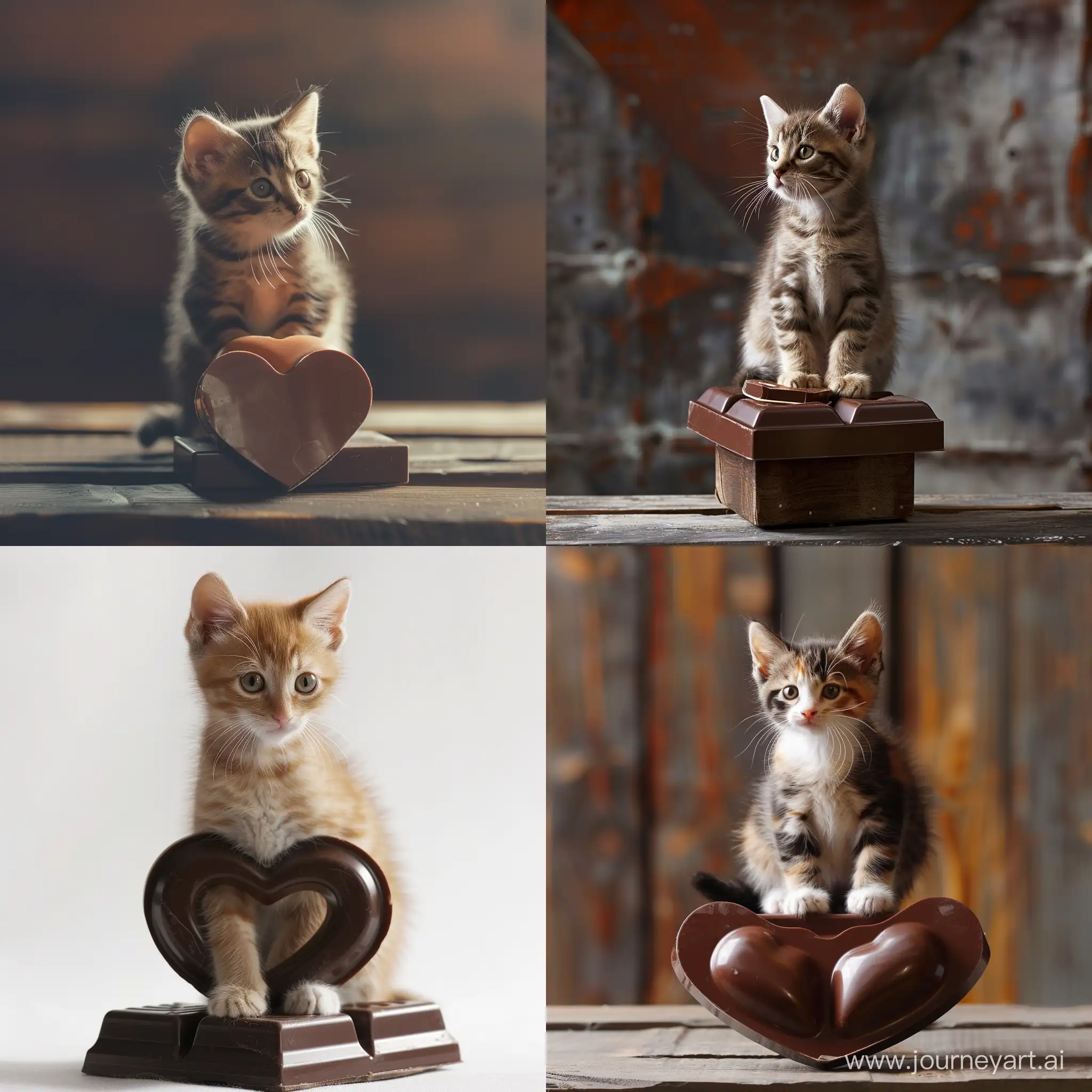 a cute kitten sits on a heart-shaped chocolate box, shallow depth-offield, high-key lighting