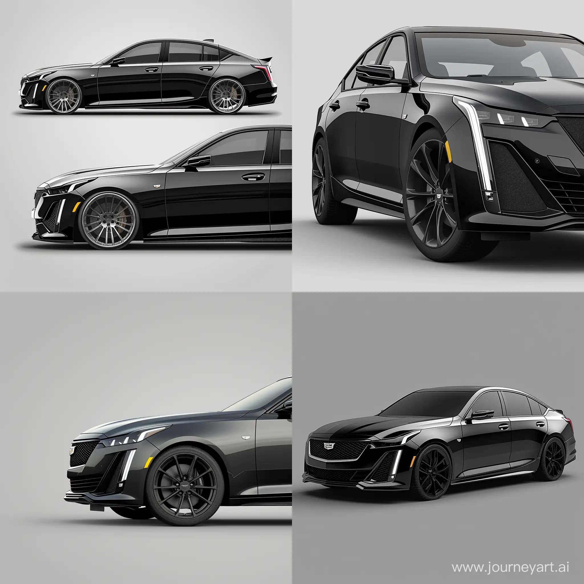 Minimalism 2D Illustration Car of Front Corner View, Cadillac CT5: Customized, Black Body Color &, Simple Gray Background, Adobe Illustrator Software, Natural Details, High Precision
