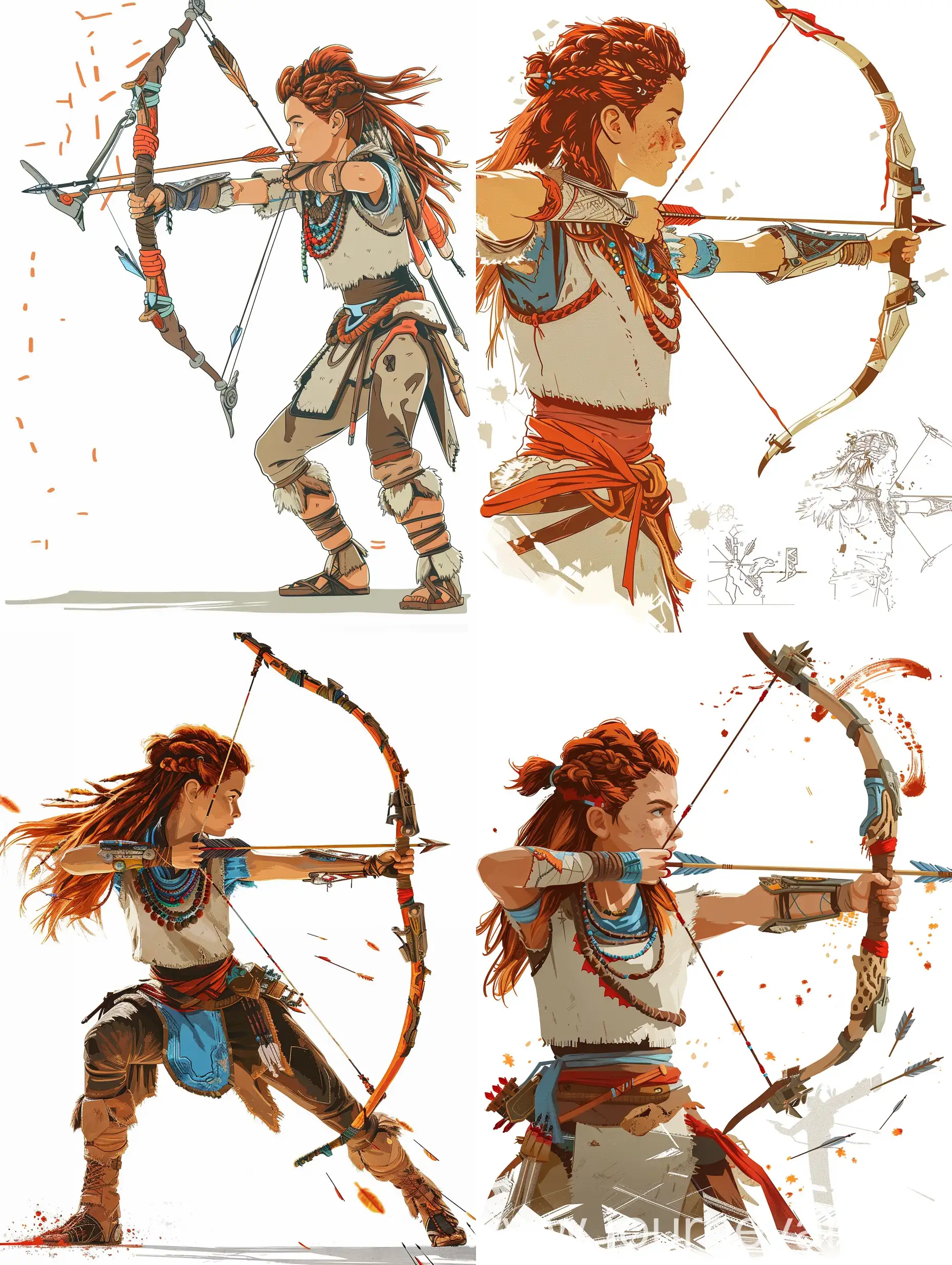 aloy horizon zero dawn, girl warrior with red hair, side view, shooting with a bow and arrow, a set of sprites for a 2D platformer,  a map of sprites, simple illustration style, unity, white background