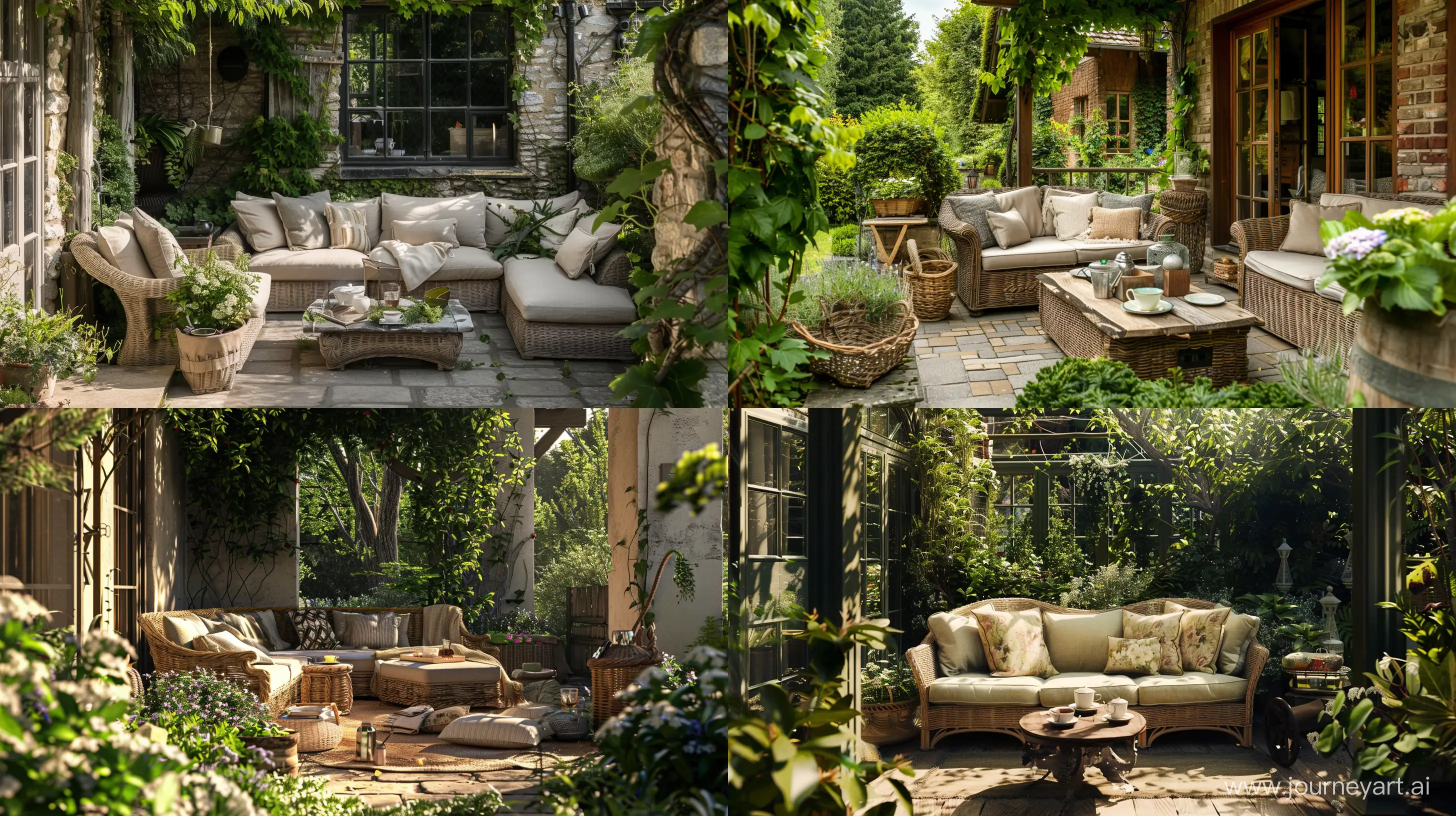 Escape to a tranquil garden lounge adorned with charming outdoor furniture, nestled amidst the picturesque backdrop of a countryside house patio. Imagine sinking into a cozy sofa, surrounded by lush greenery and the soothing sounds of nature, while sipping tea on a quaint country cottage-style patio. --ar 16:9