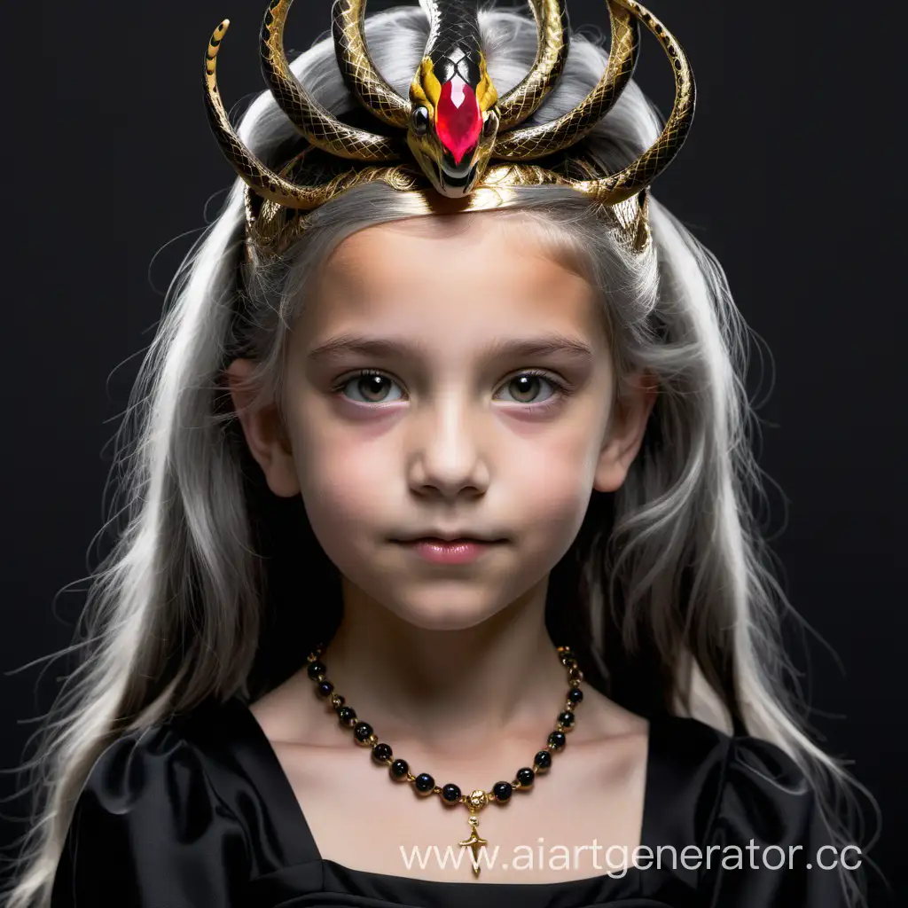 Девочка 12 лет, с серыми волосами и серыми глазами. На ней черное платье с золотыми змеями. На голове черная тиара с рубином.


