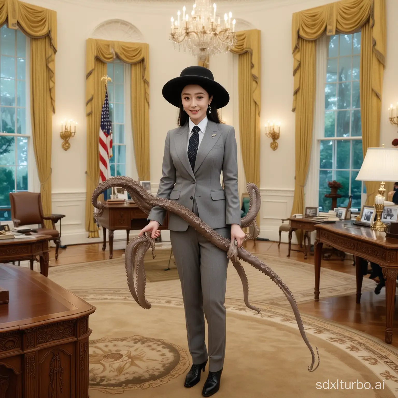 Fan Bingbing is wearing a gray suit, welcoming a very lifelike sticky octopus in the Oval Office of the White House. The octopus wears a top hat and carries a cane, very happy to see this sticky octopus. He wants to award this sticky, wet octopus an honorary medal. Fan Bingbing and the sticky, wet octopus are very clean, high-resolution lifelike human renderings.