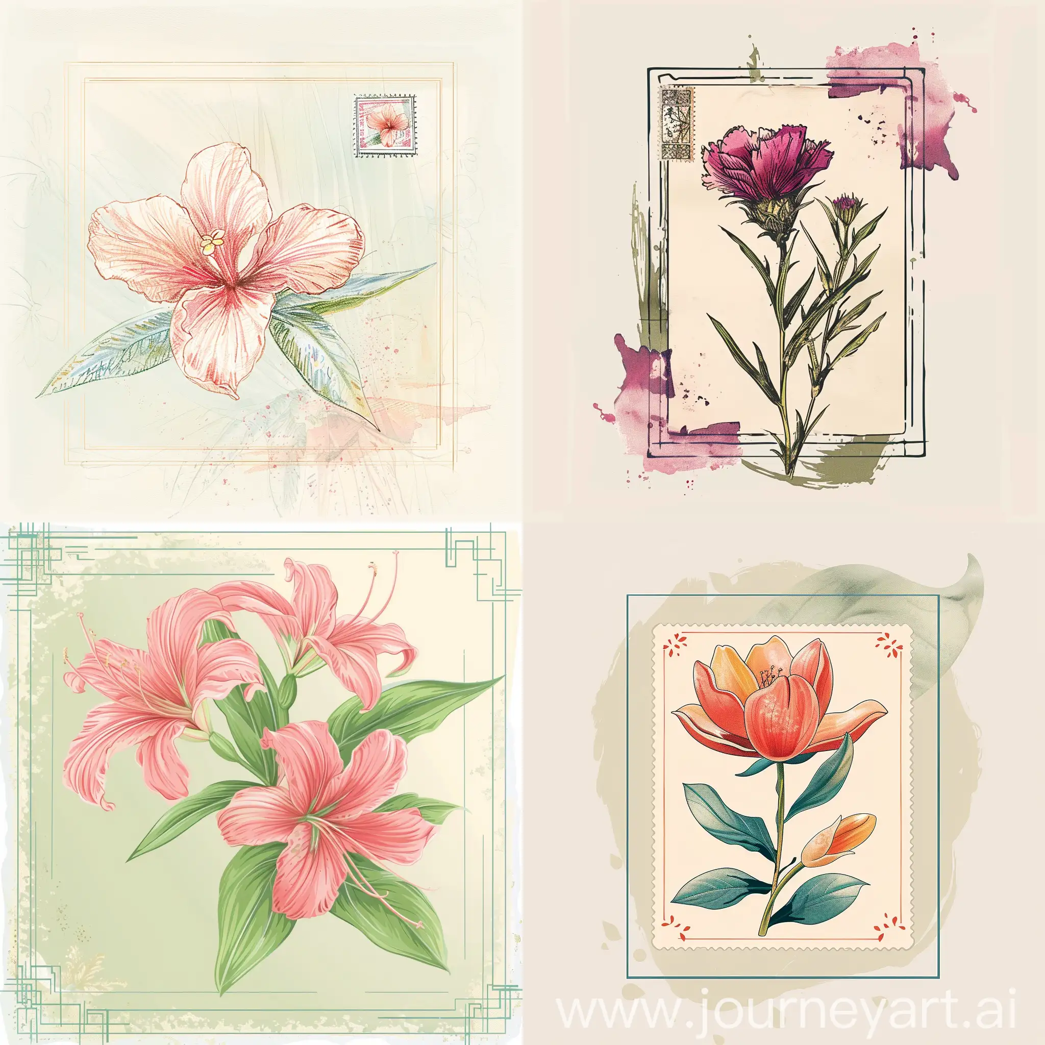 bo ho illustration-drawing style Israeli flowers , in a stamp frame, light colors the flower pops out a bit from the frame