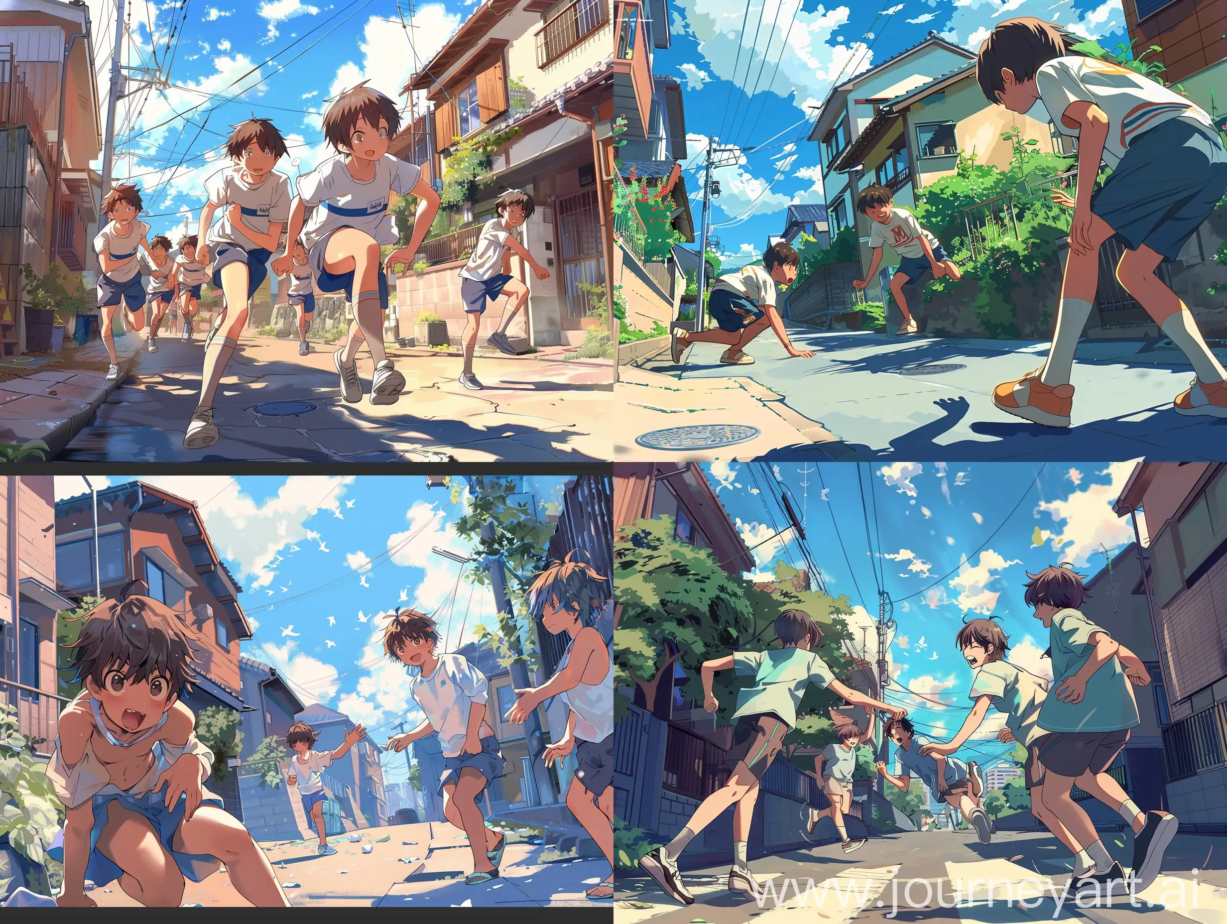 Boys are playing on a street, they are wearing pantyhose, anime style