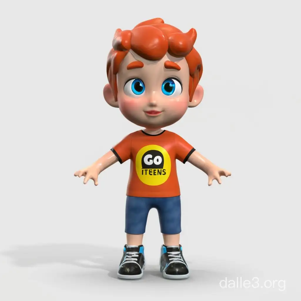 boy 5 years old. She has black pants and an orange T-shirt. Red hair. The T-shirt says Go Iteens. Image style: 3d character, transparent image background.