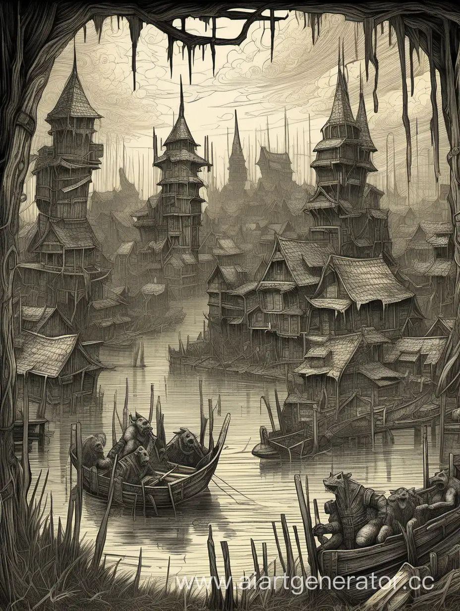 swamp city of gnolls, fantasy, engraving style