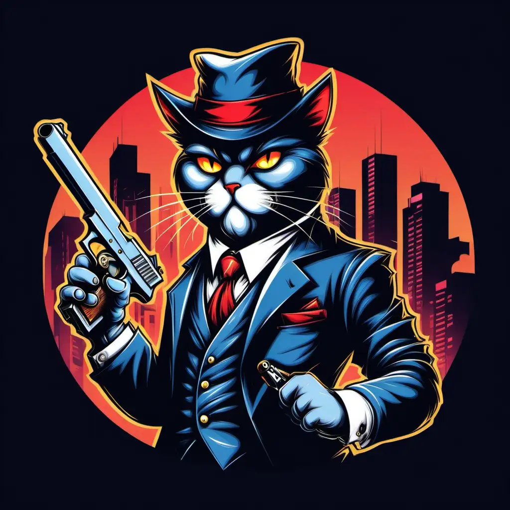 Mysterious Gangster Cat Holding a Gun Vector Illustration