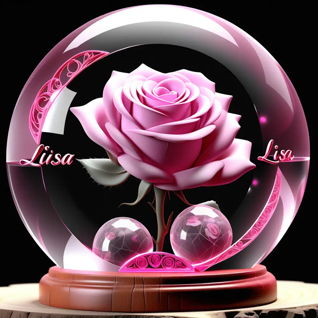 Generate images of Photoghraph a clear crystal color circular gemstone on a newly cut wooden board, and inside there is the inscription " Lisa ", with a pink rose with a black background like a sphere there is a golden neon light, pink roses as if out of a sphere, the sphere is on the table and there is a very beautiful.
