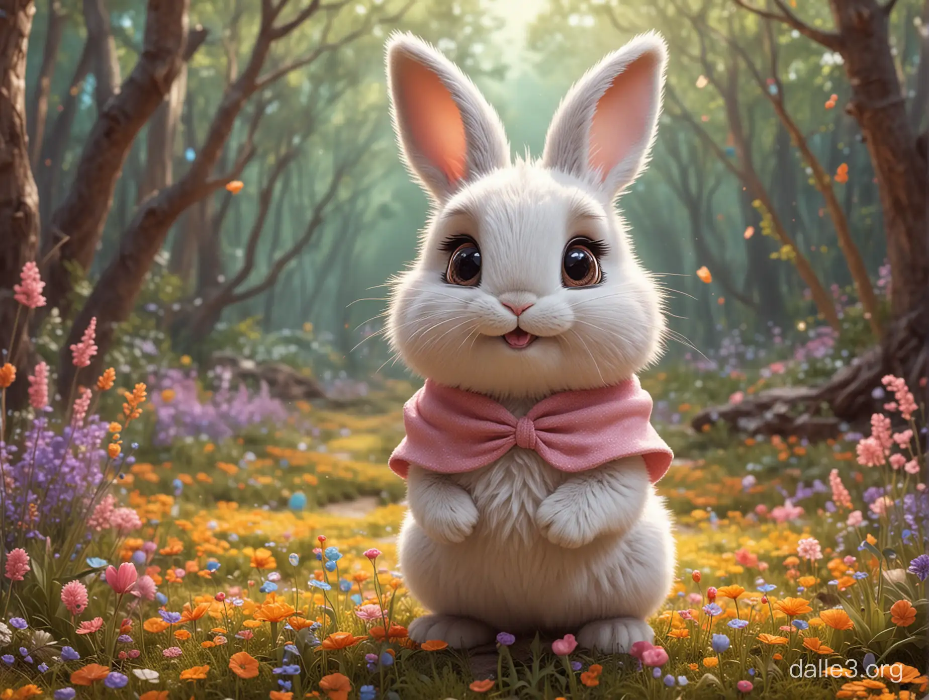 Ultra wide angle drawing of a fairytale like bunny that's super cute and delicate. It boasts a pixar cartoon style with exaggerated facial features, a fluffy tail, and bright colors. The background is a solid color, and the bunny is rendered with octane techniques, making it very popular at art stores