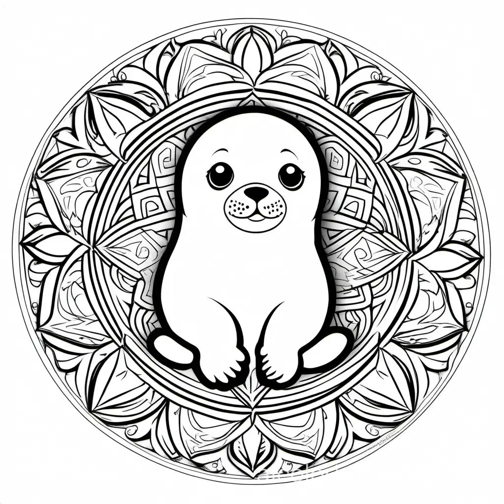 seal pup inside a mandala, Coloring Page, black and white, line art, white background, Simplicity, Ample White Space. The background of the coloring page is plain white to make it easy for young children to color within the lines. The outlines of all the subjects are easy to distinguish, making it simple for kids to color without too much difficulty
