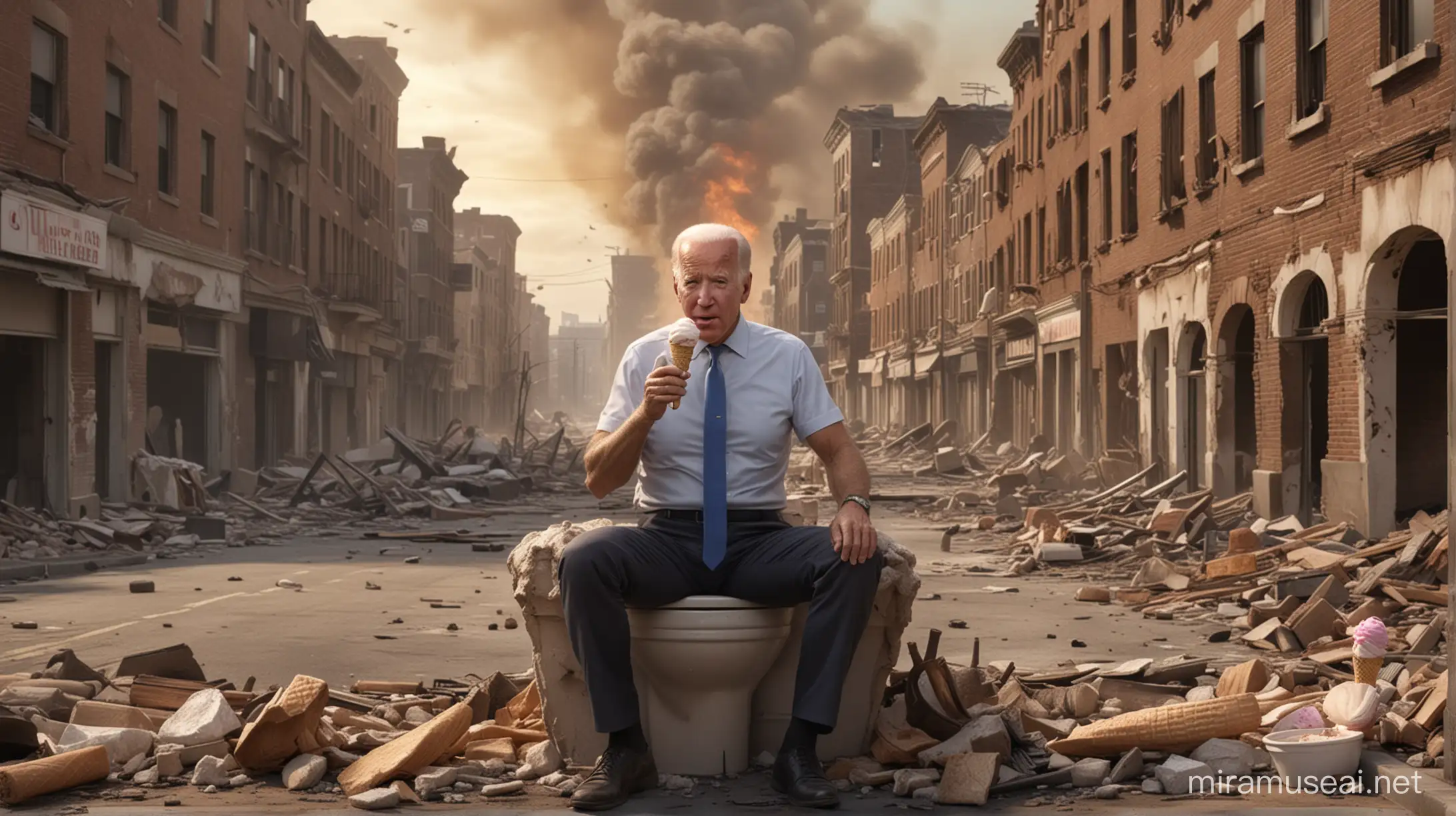 Joe Biden eating an ice cream cone while sitting on a toilet in the middle of a street surrounded by a city in ruins with buildings on fire and scenes of destruction all around. hyperrealistic.