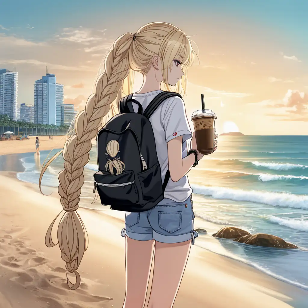 anime girl with one iced coffee in her hand and a backpack and long blond breaded hair, standing in brazil on the beach