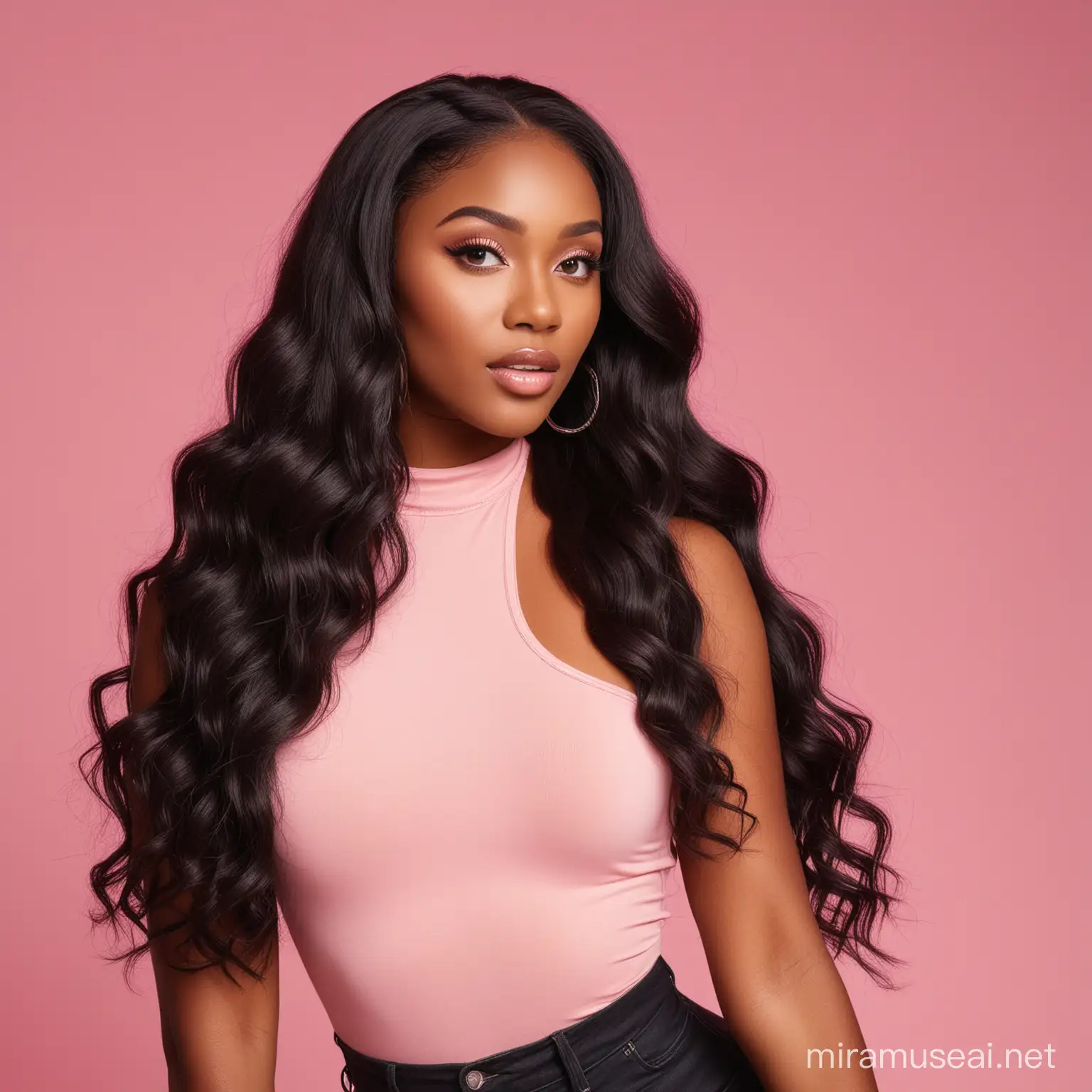 Stunning Black Model with Long Body Wave Hair Extensions in Professional Hair Brand Photoshoot