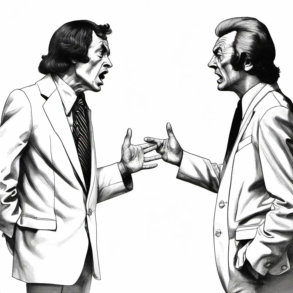 black and white DRAWING of two 1970s men arguing and dressed in white with a white background