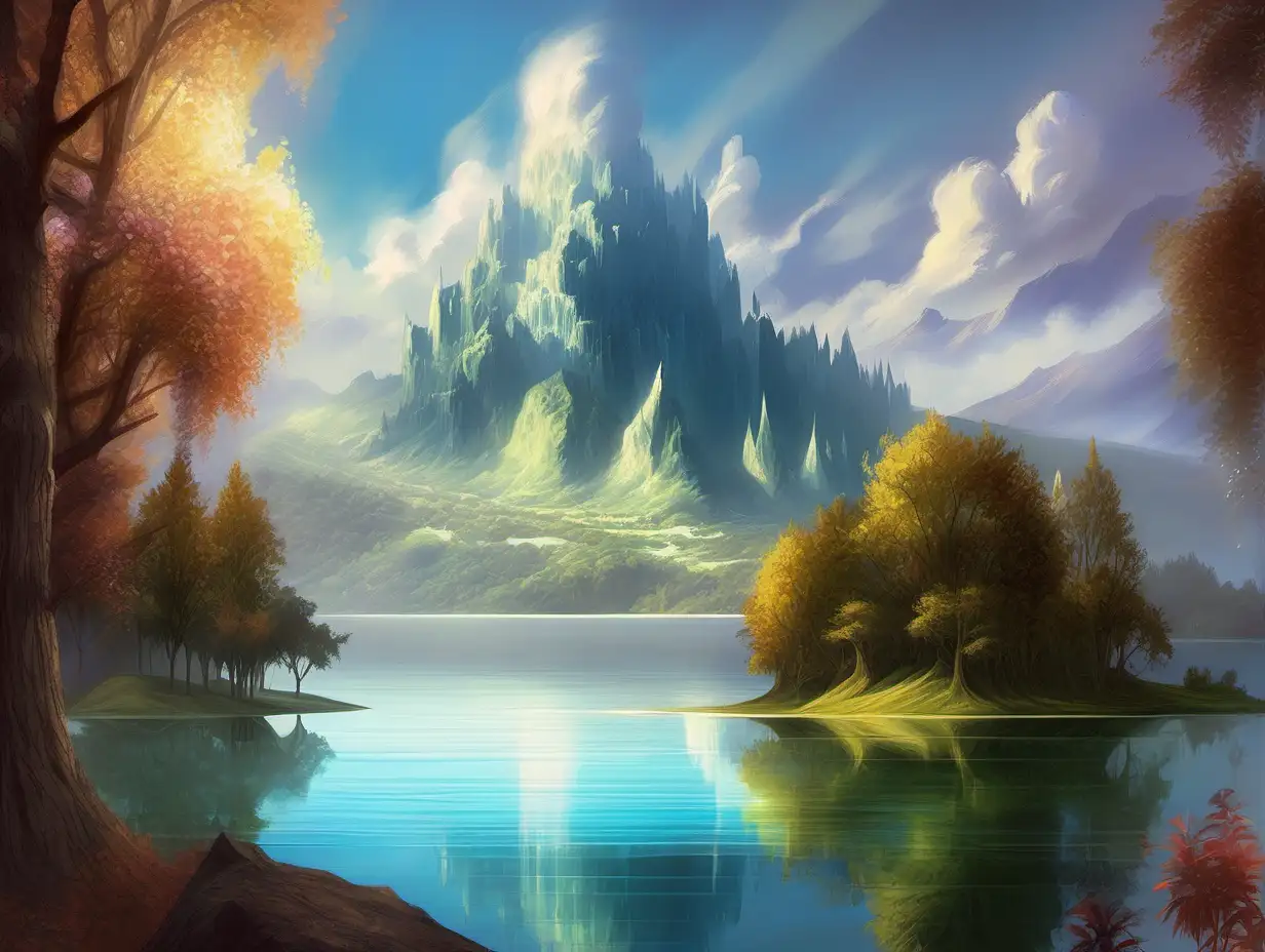 Enchanting Fantasy Island with Majestic Mountain Art