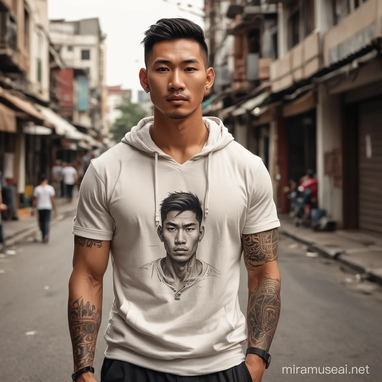 Photorealistic of an asian young handsome muscular man, fringe up stylish hair. tatto, with a typikal
Indonesian fave wearing (wearing brown hoody and white lithe a V-neck t-shirt inside which has dark color also on t-shirt. t-shirt have reverse color differences, white sketch shoes. Walking on Glodok ( gajahmada street on jakarta urban pedestrian road), black pointing cool posing at the camera.


