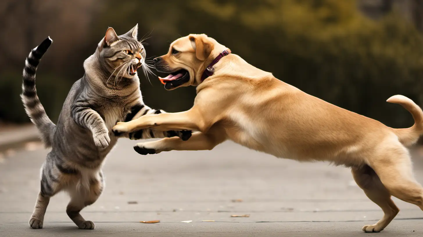 Courageous Gray Tabby Cat Defending Against Aggressive LabradorChow Mix Dog