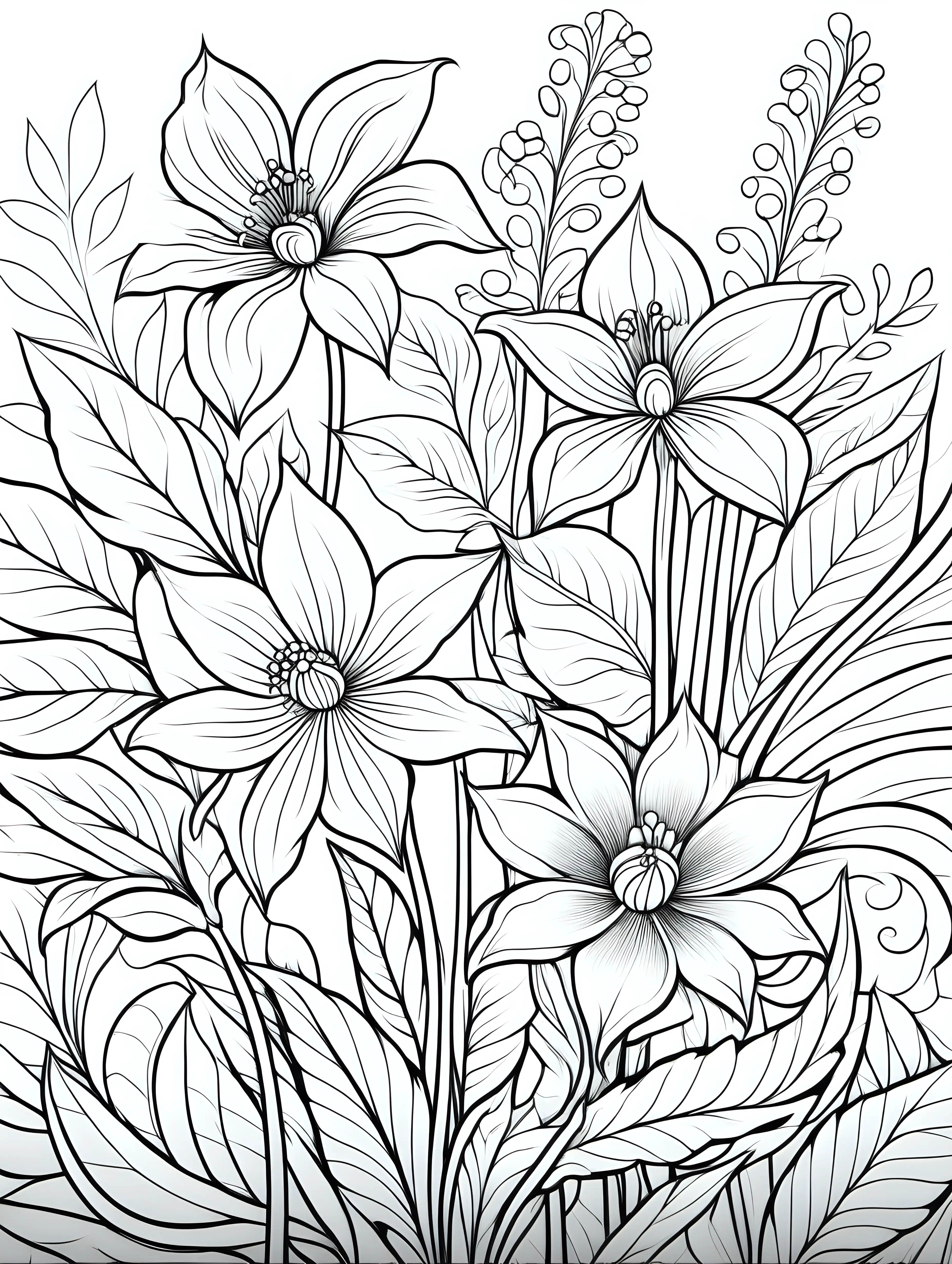 Floral Coloring Page with Clean Line Art on White Background